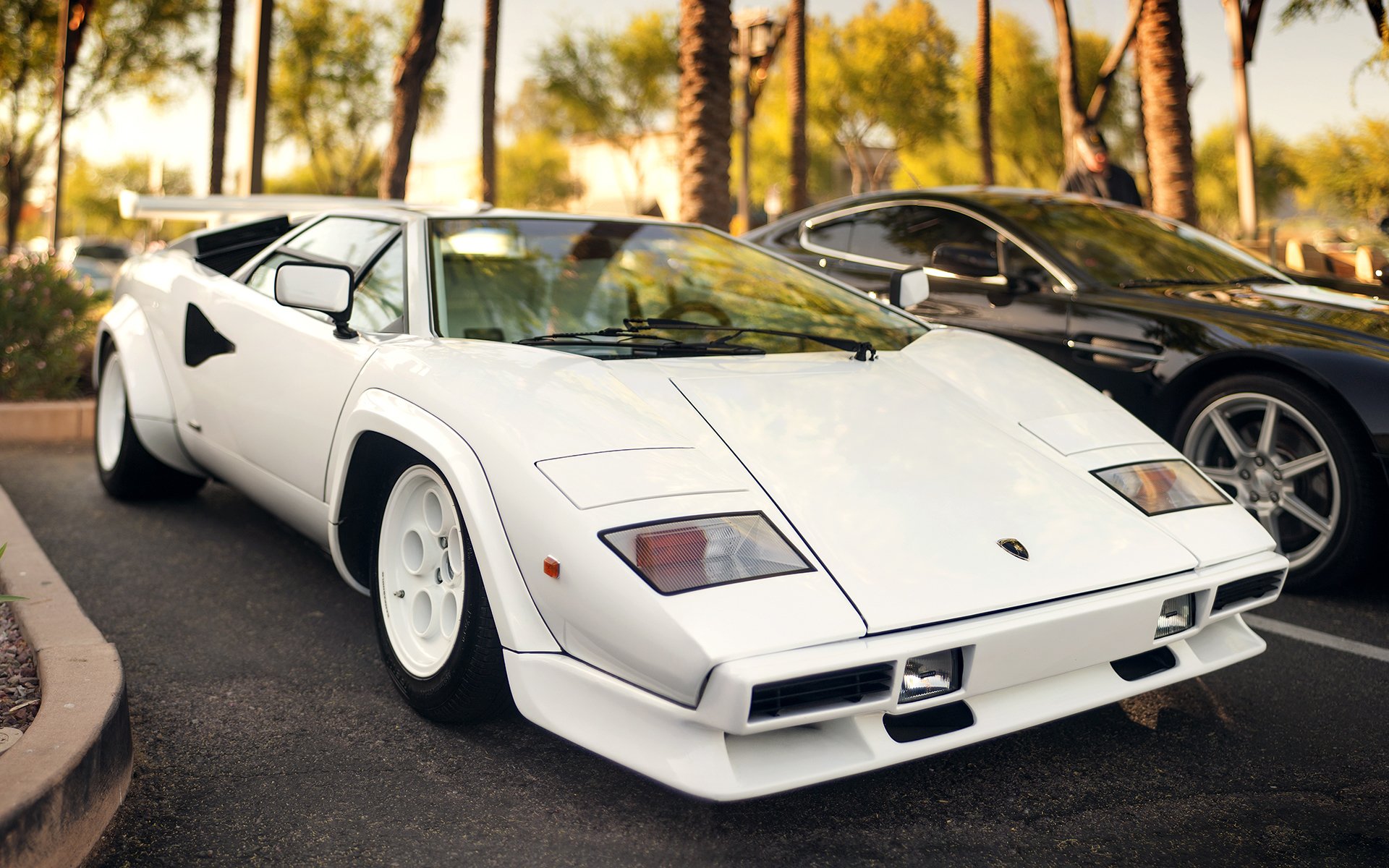 lamborghini countach aston martin vantage v8 white black supercar parking