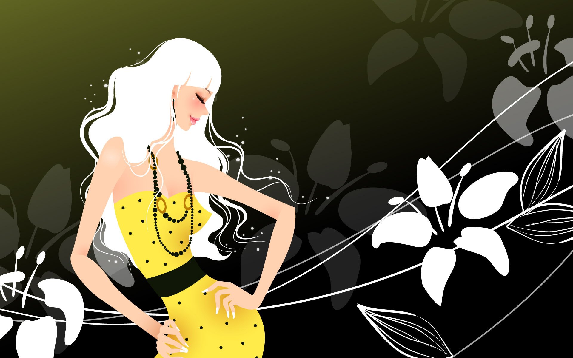 A girl in a yellow dress stands surrounded by white lilies on a black background
