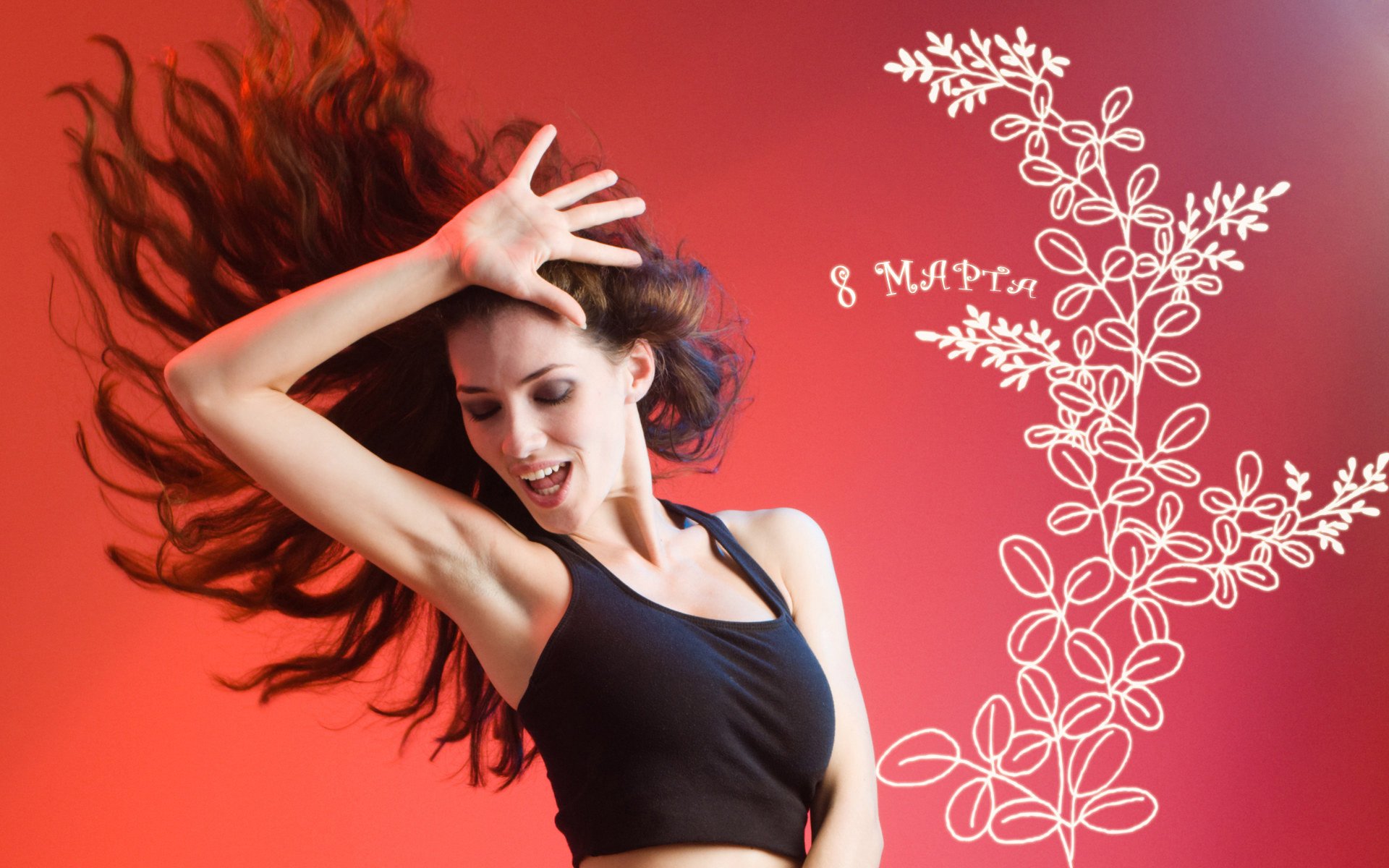 A girl in a black top on a red background with a white pattern