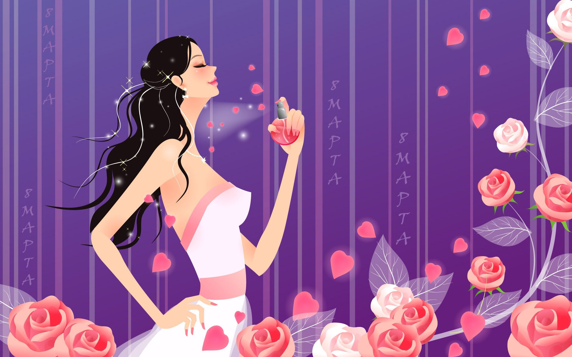 A girl in a white dress with perfume is surrounded by pink flowers