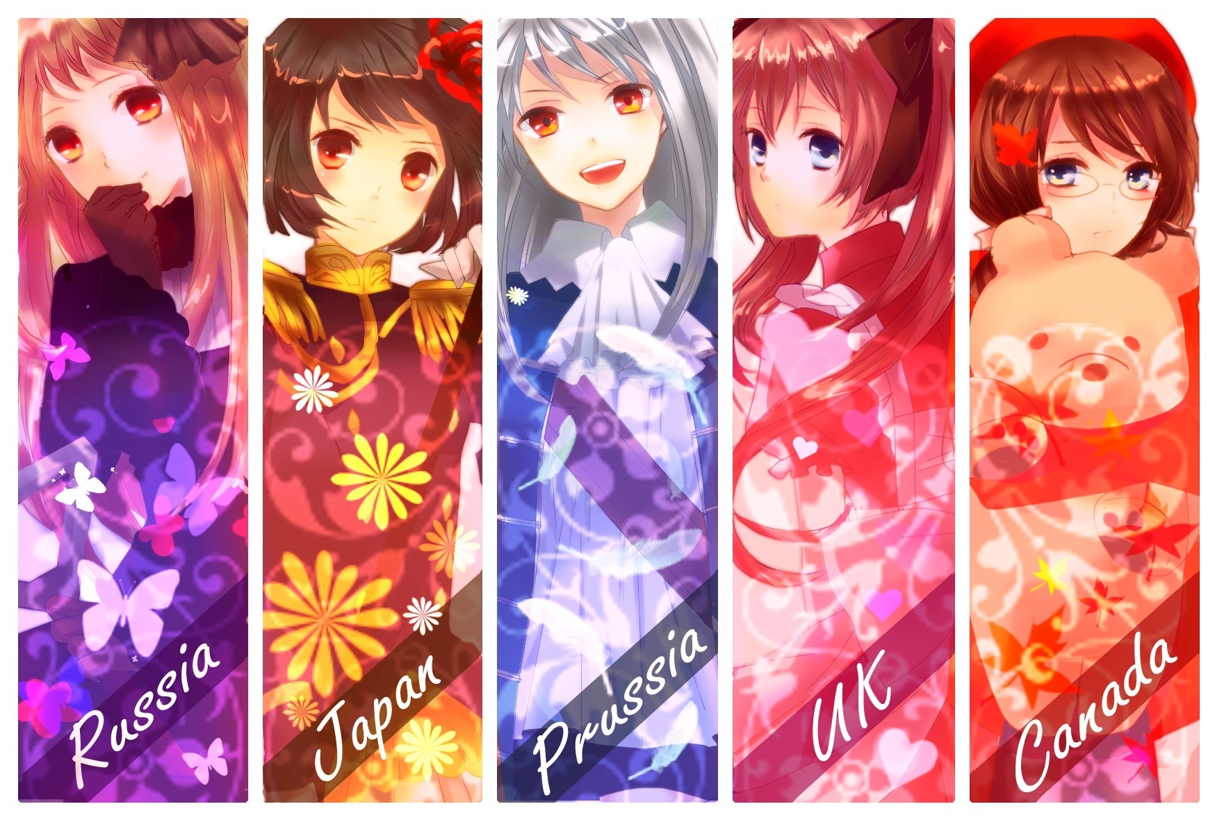 blue eyes short hair pink hair canada hetalia feathers light white hair maid form sheet long hair heart teddy bear russia hetalia sunglasses prussia hetalia brown hair brown eyes japan hetalia the gro