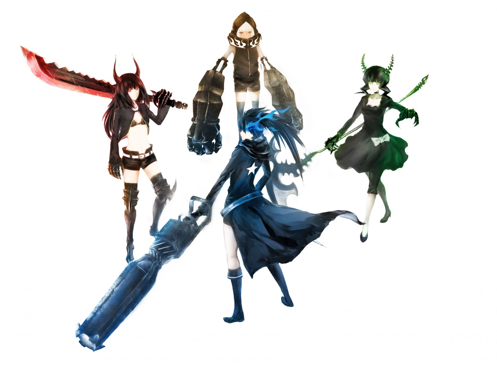 flying fortress kuroi mato sword dress blue eyes zettai ryouiki black hair red eyes horn long hair white hair short hair the group bikini weapon green eyes scar shorts
