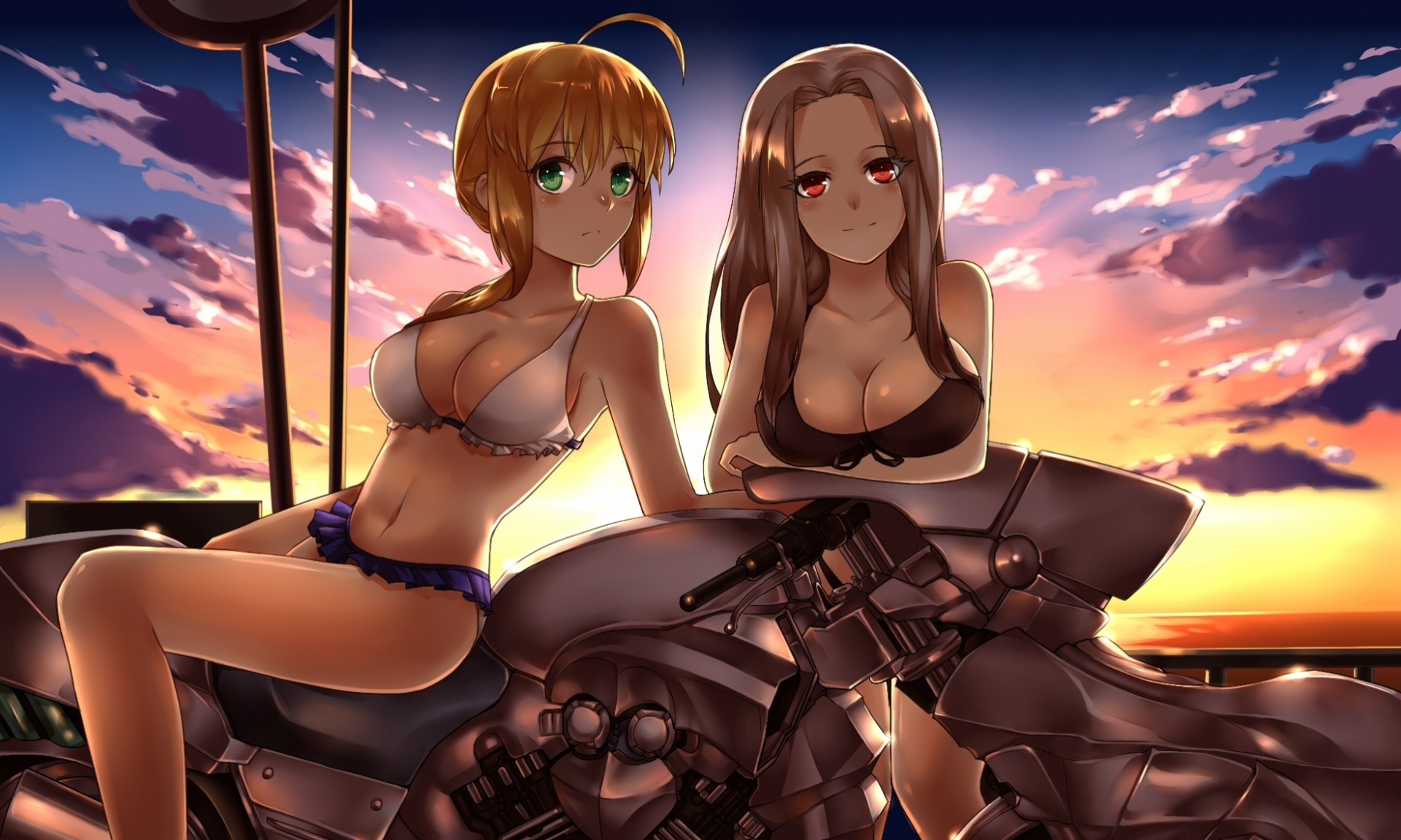 short hair sunset blonde hair white hair bikini swimsuit red eyes green eyes long hair 2girls bike blush sword