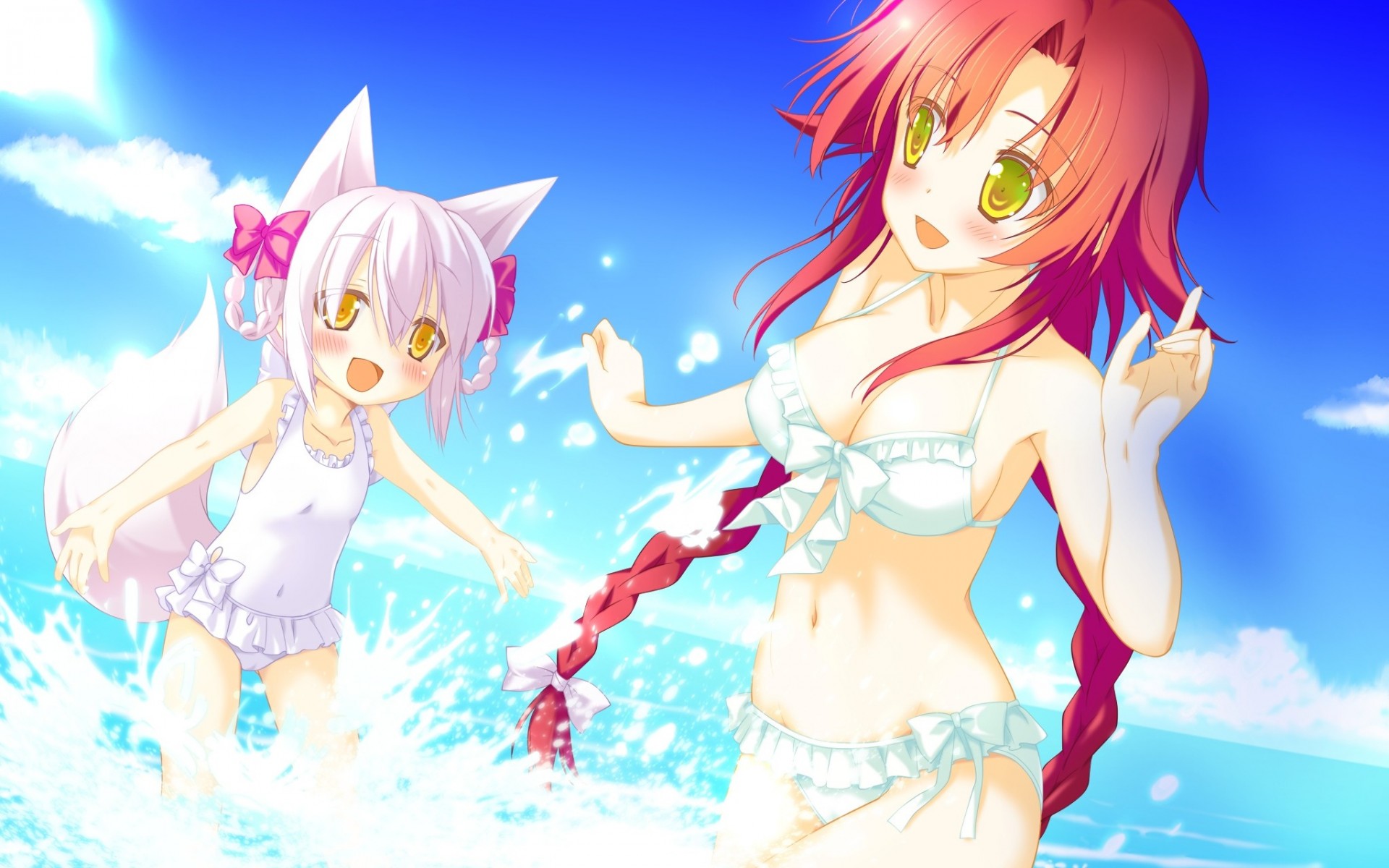 short hair spit blush clouds bikini swimsuit red hair long hair sky 2girls water torment white hair animal ears tail