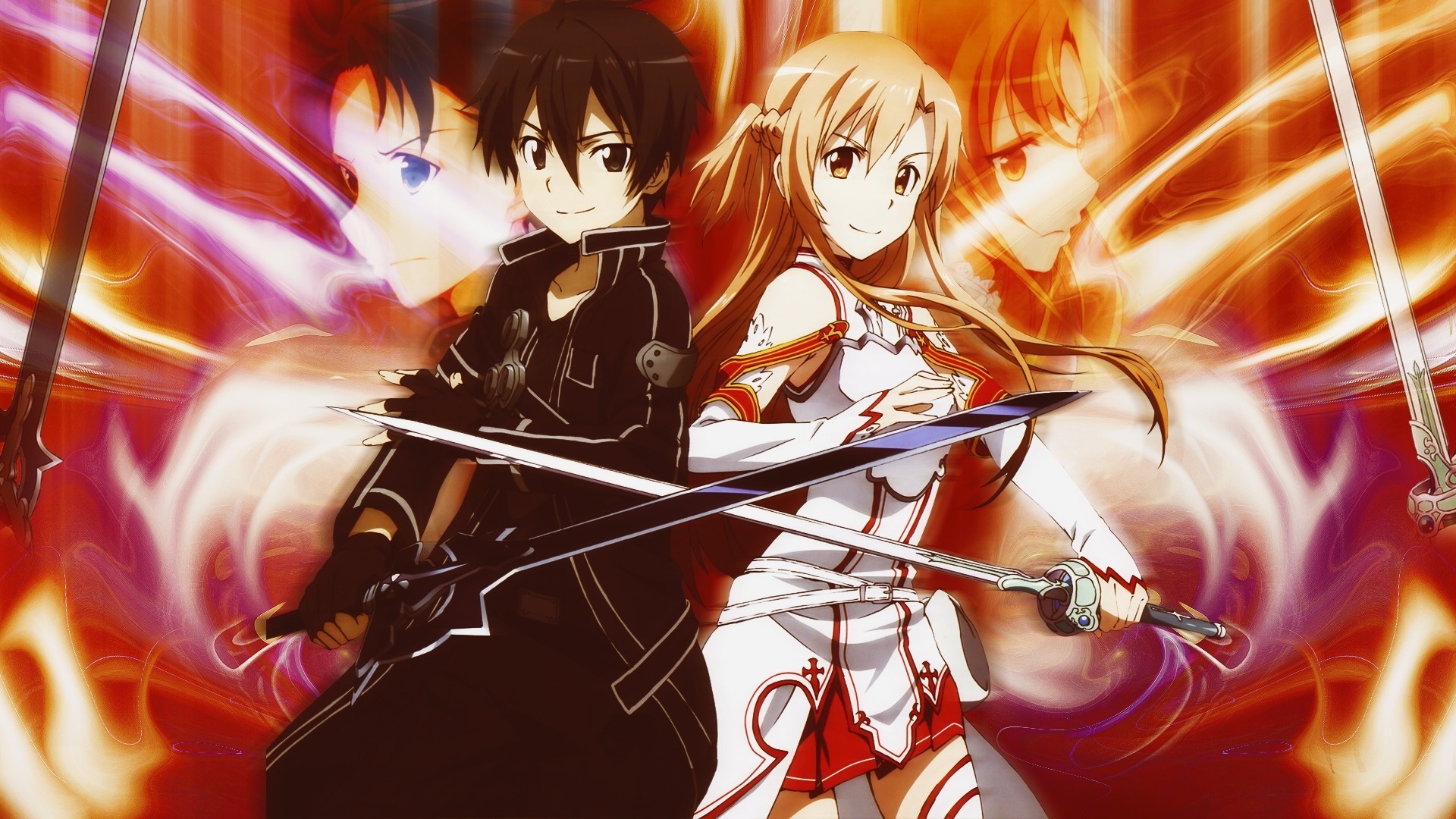 short hair long hair skirt weapon kirigaya kazuto yuuki asuna sword black eyes brown hair