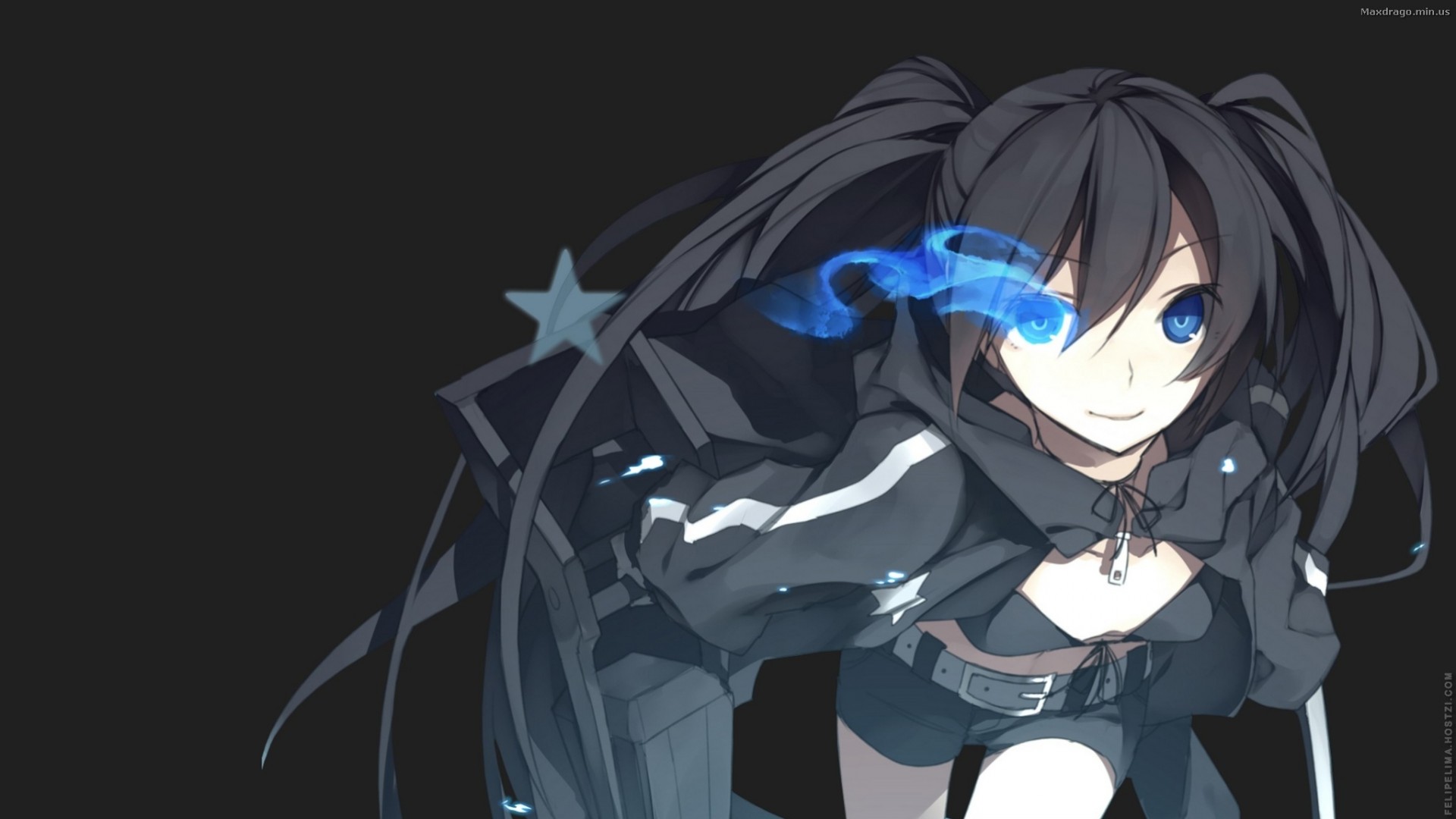 blue eyes twintails black hair long hair black weapon kuroi mato shorts