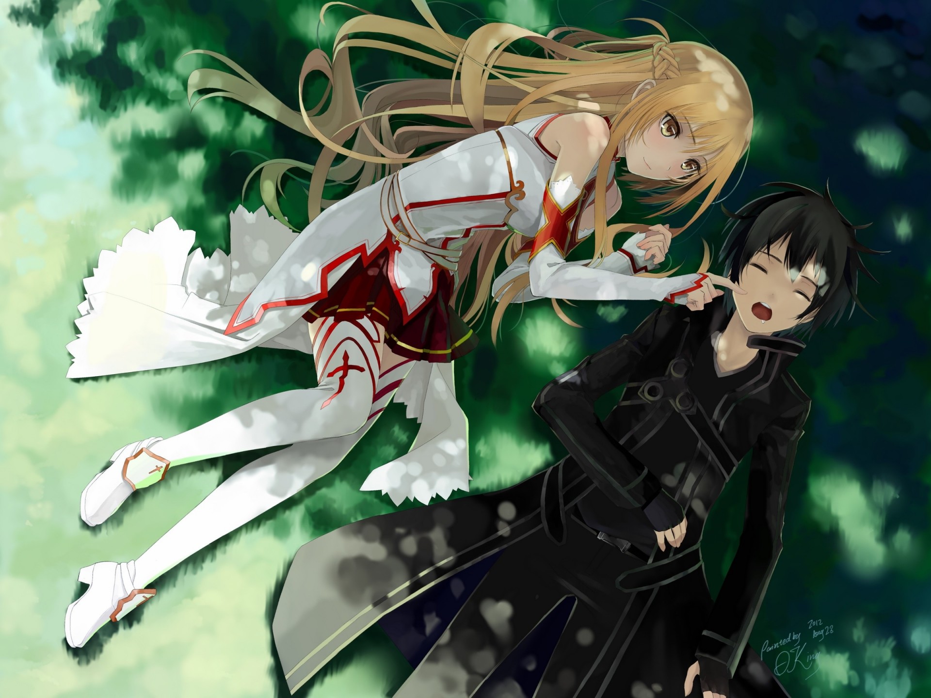short hair long hair blonde hair black hair bed grass kirigaya kazuto yuuki asuna thighhighs