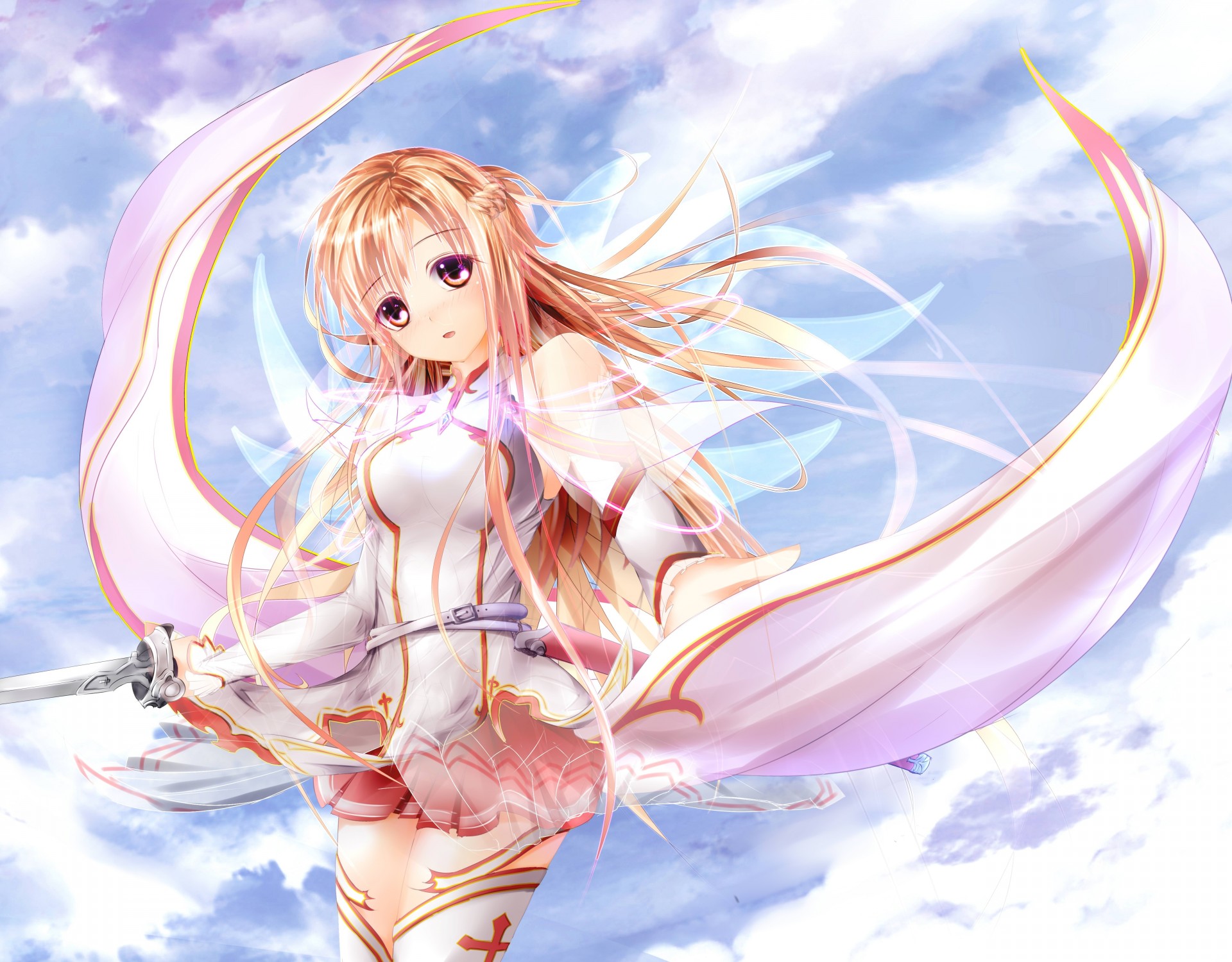 sky blush clouds weapon long hair yuuki asuna sword thighhighs brown hair