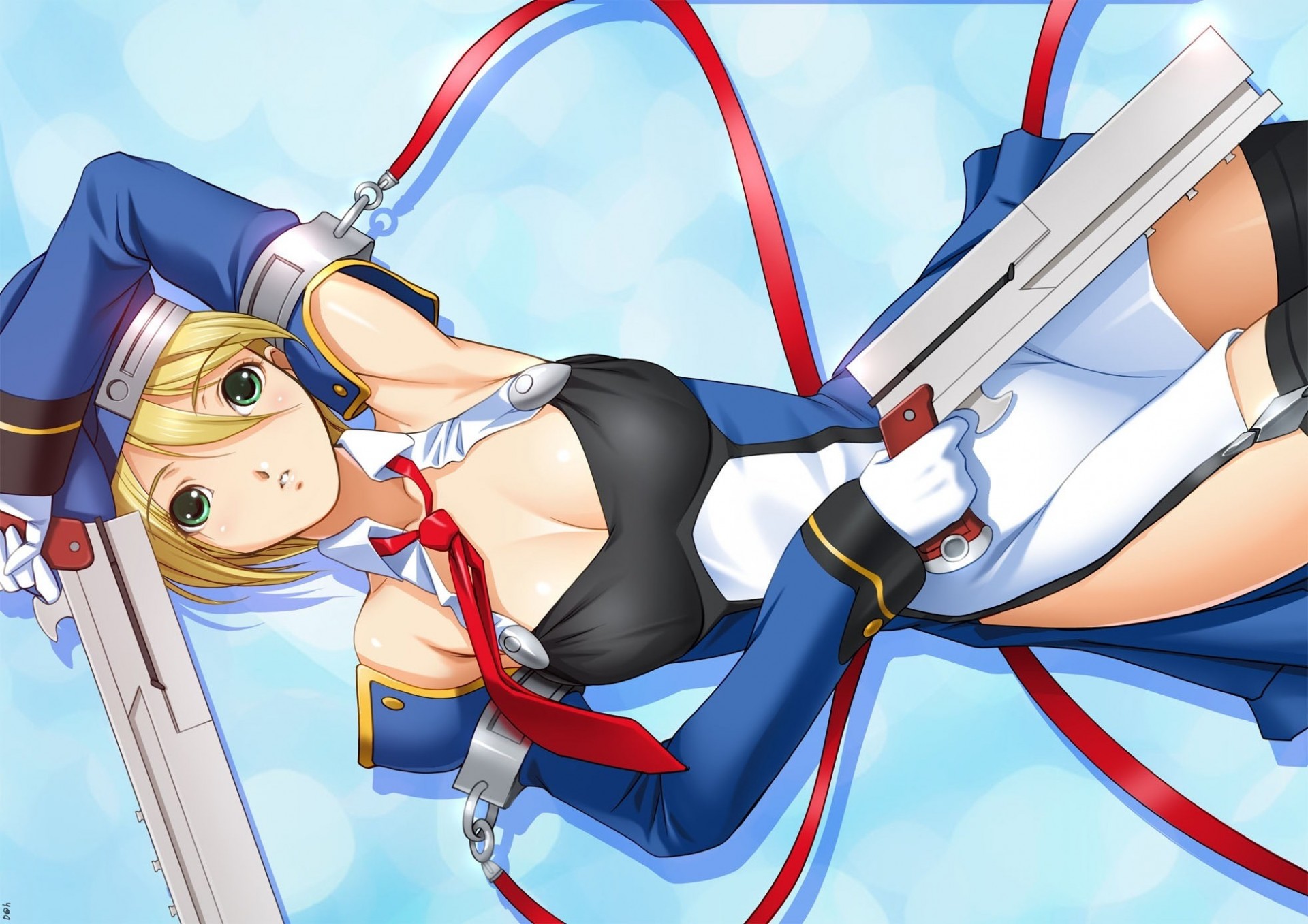 flying fortress short hair hat blonde hair gloves weapon bind green eyes thighhighs