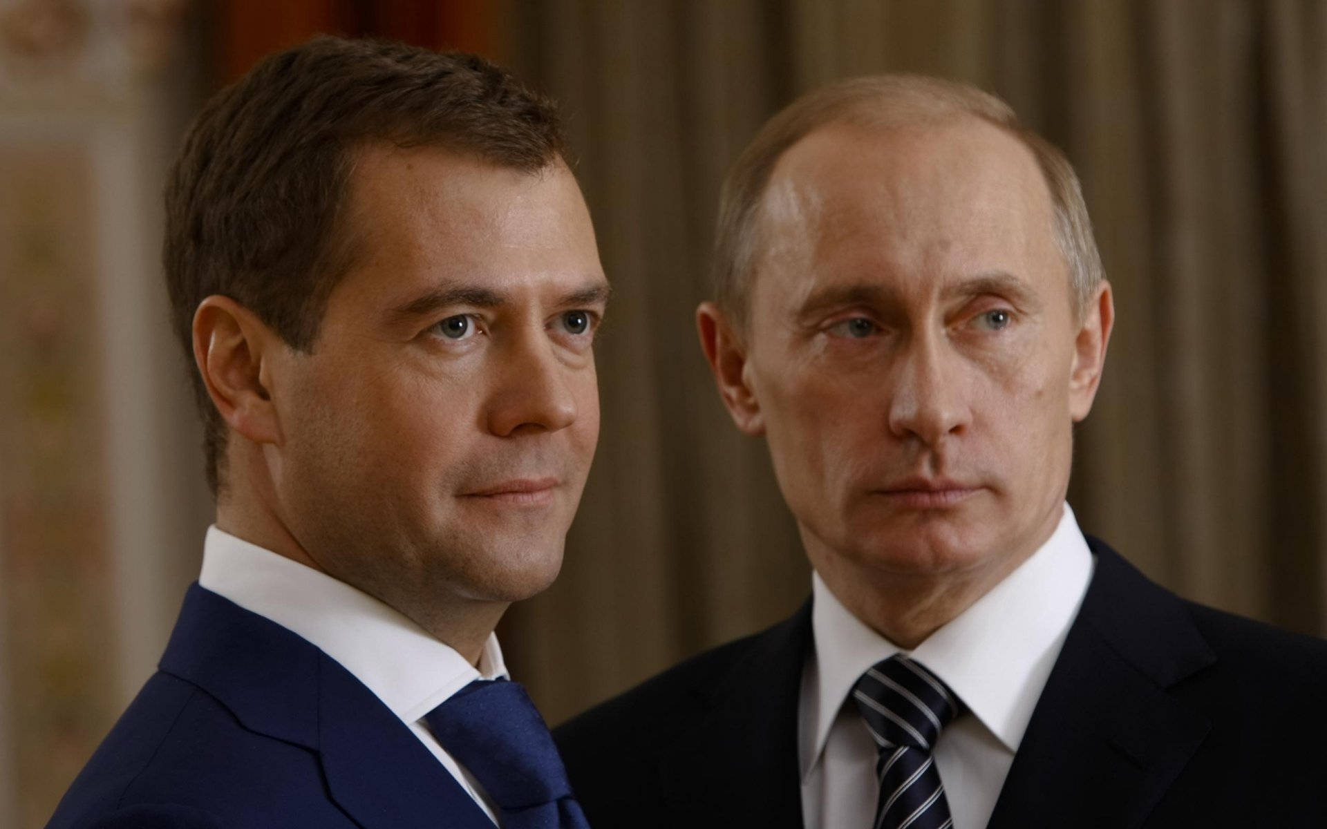Portrait of two leaders Medvedev and Putin