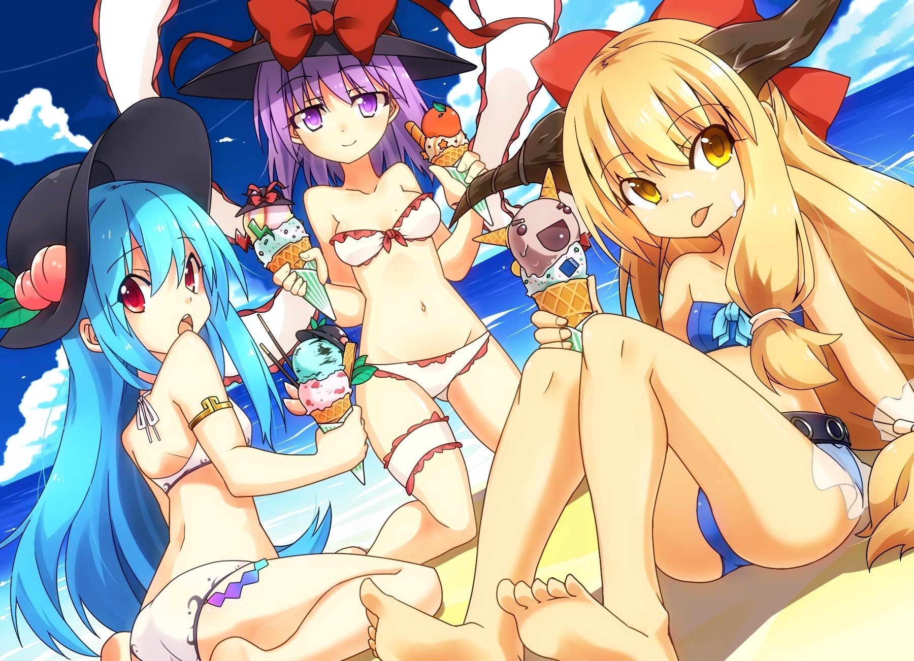 sky clouds bikini swimsuit 3girls blue hair orange blonde hair hat red eyes horn long hair water food short hair tapes barefoot hinanawi tenshi torment purple hair fruits purple eyes ice cream beach