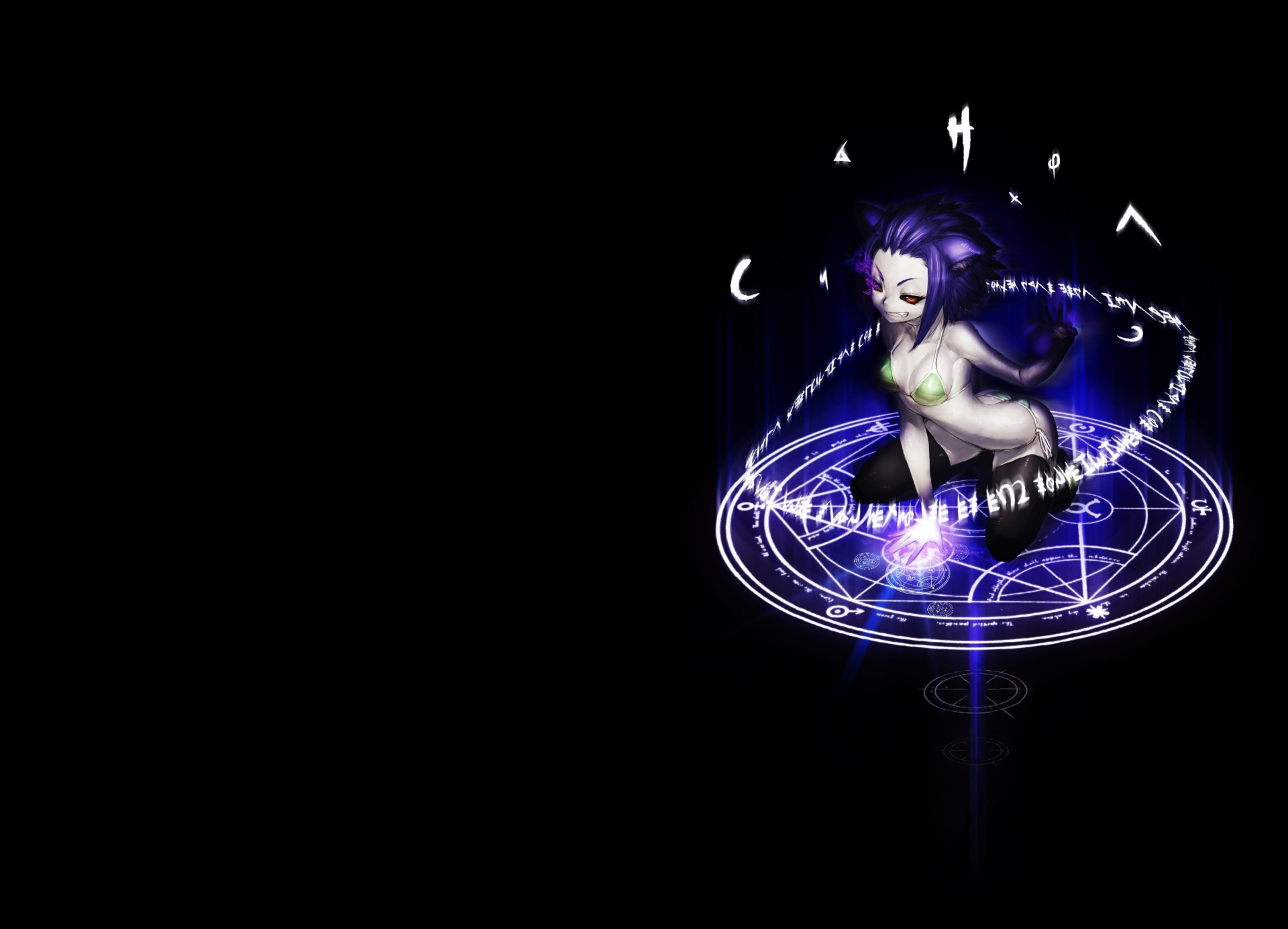 short hair magic magic circle bikini swimsuit red eyes purple hair black animal ears thighhighs dark