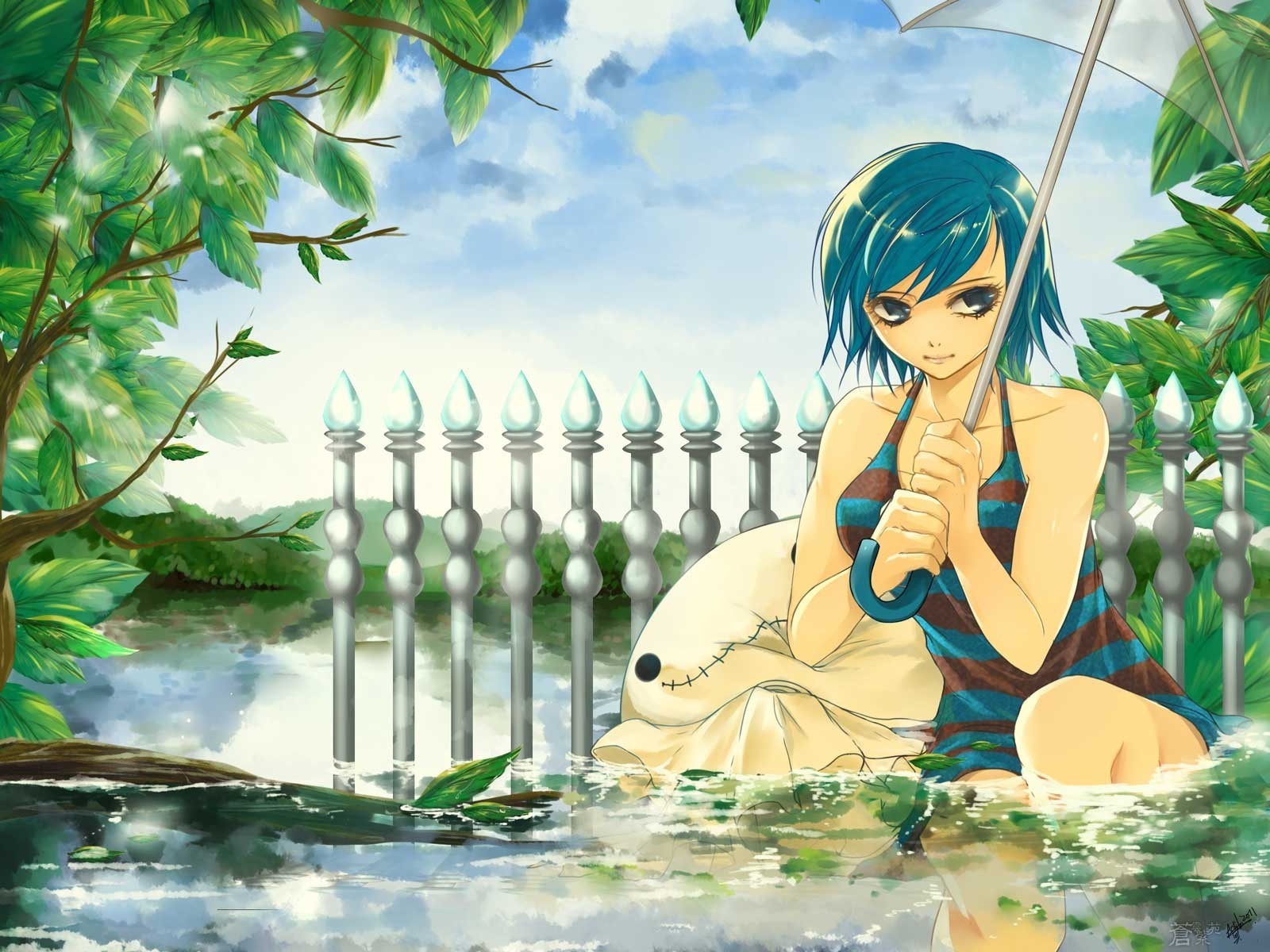 sky short hair blue eyes water juvia loxar umbrella blue hair