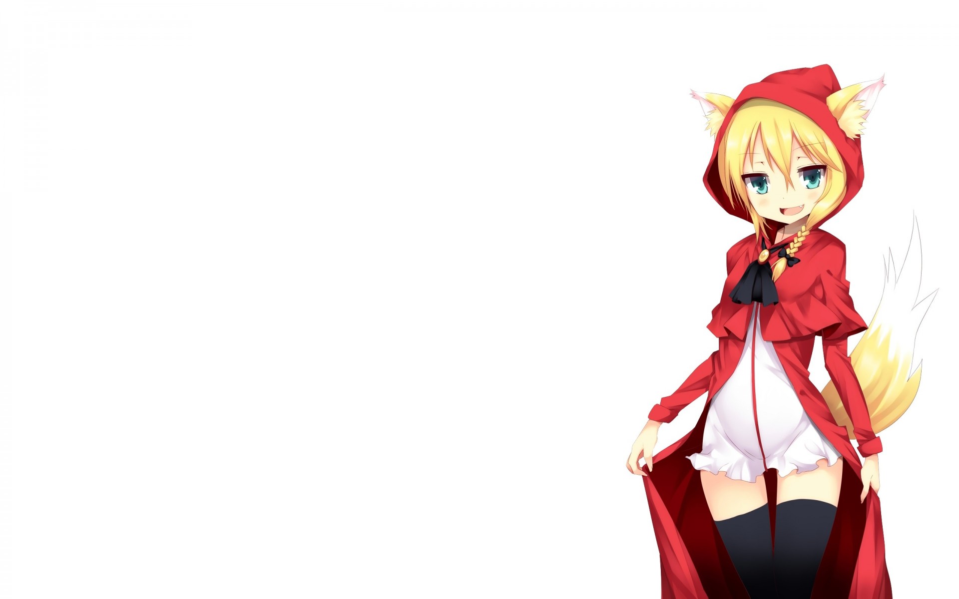 blonde hair animal ears red riding hood long hair white fang tail blush thighhighs