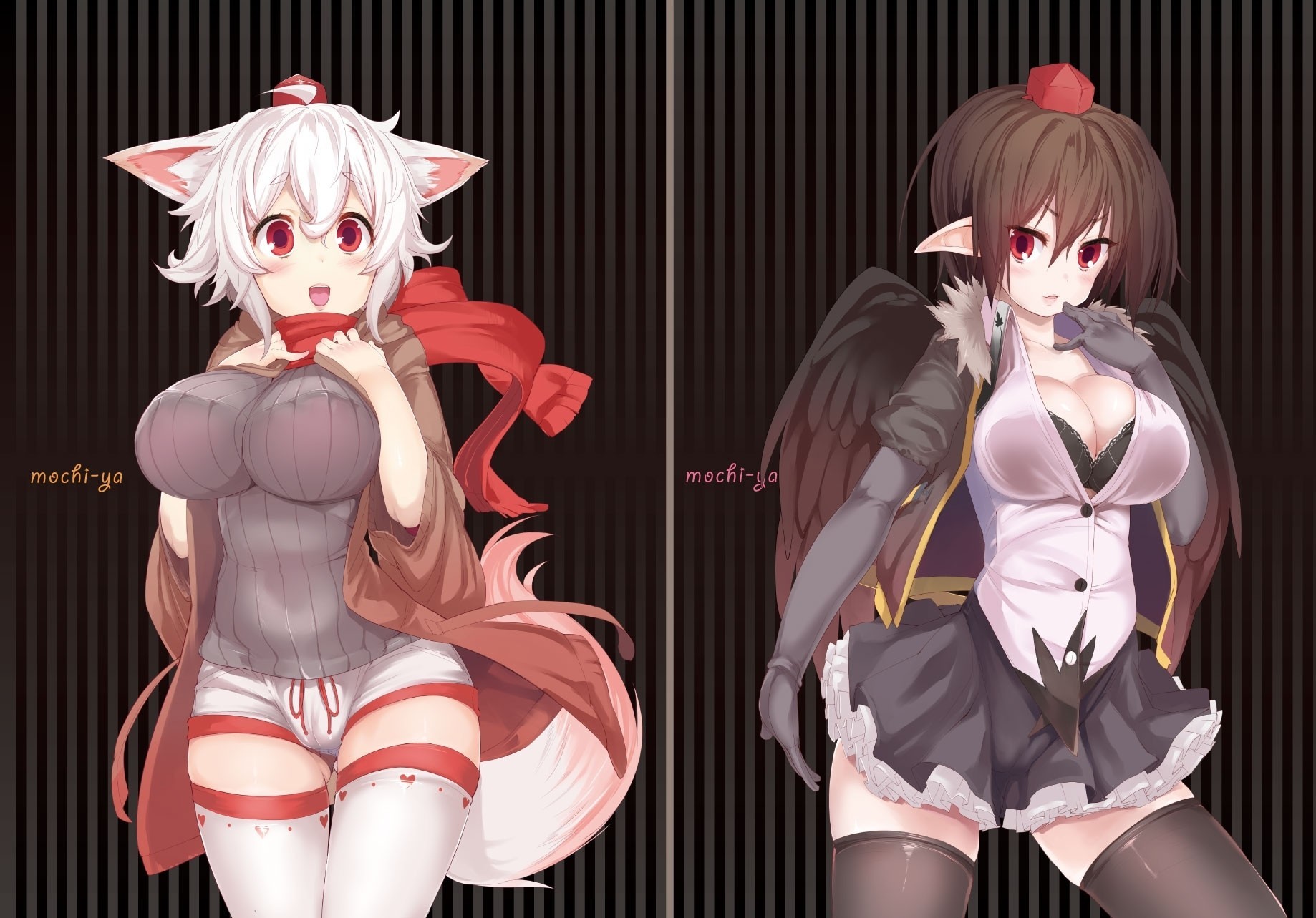 shameimaru th inubashiri momiji red eyes breast tagme tail wings animal ears thighhighs