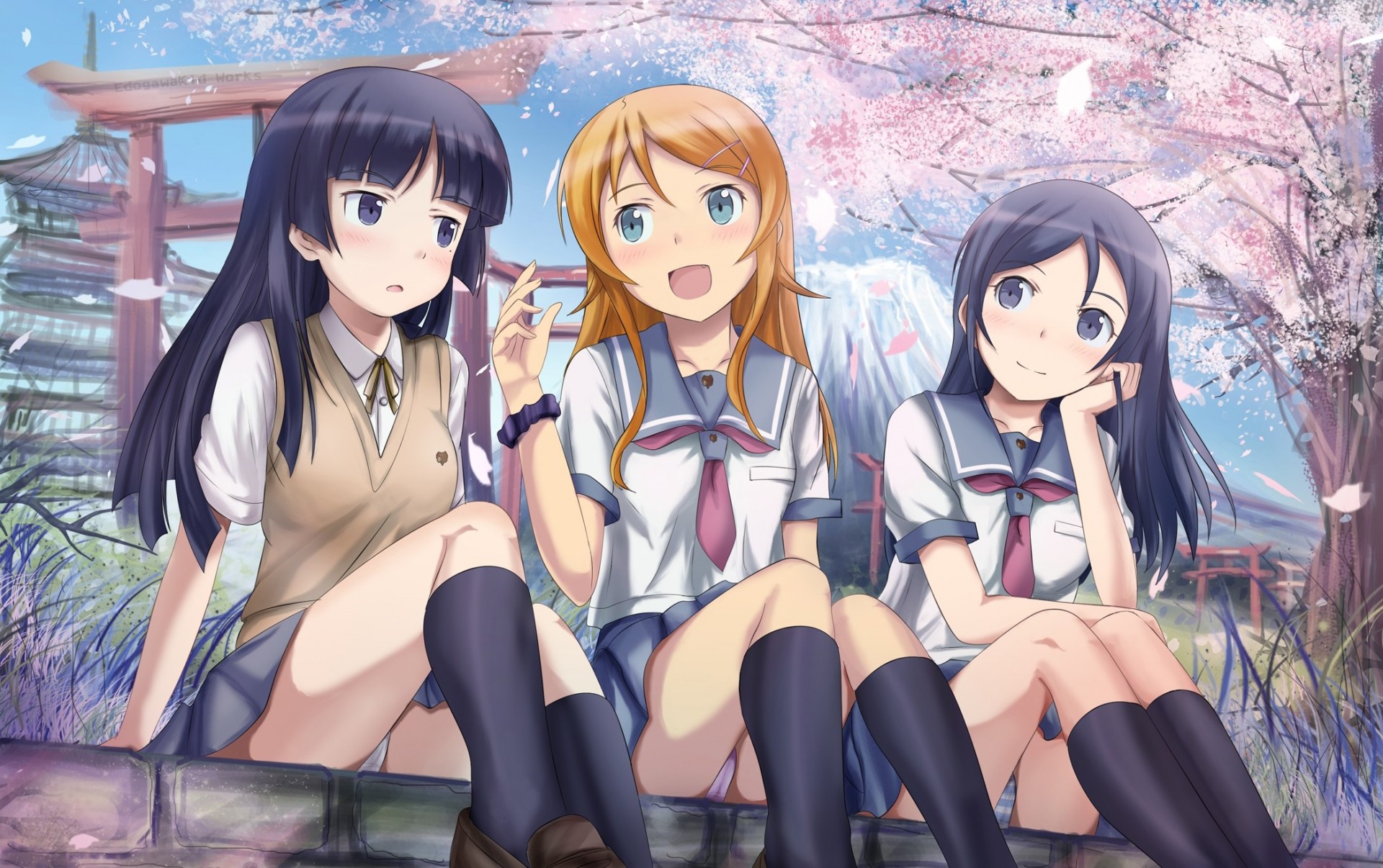blue eyes petals seifuku blush kousaka kirino black hair long hair cherry orange hair underwear shorts