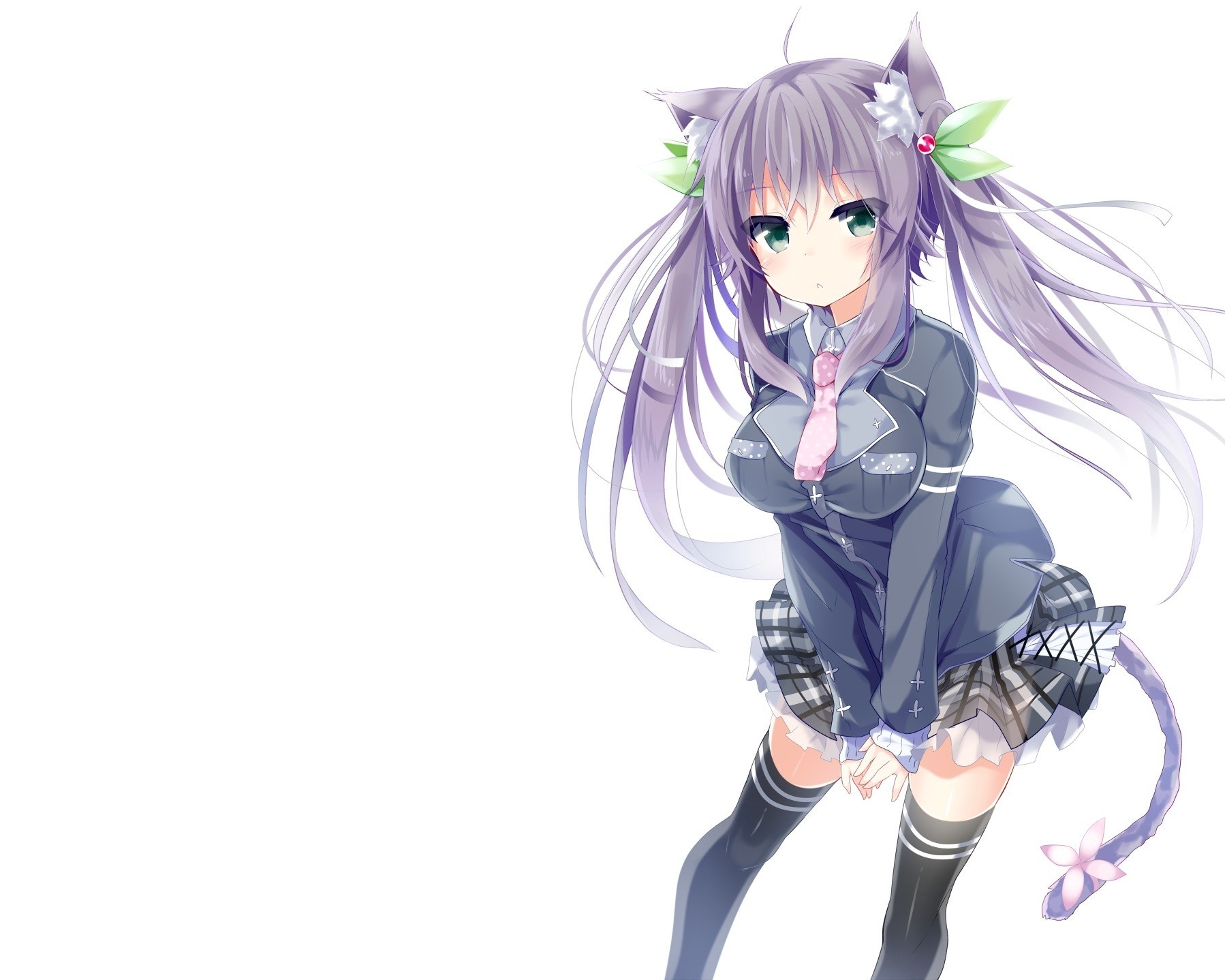 seifuku skirt white hair green eyes long hair white thighhighs catgirl animal ears tail