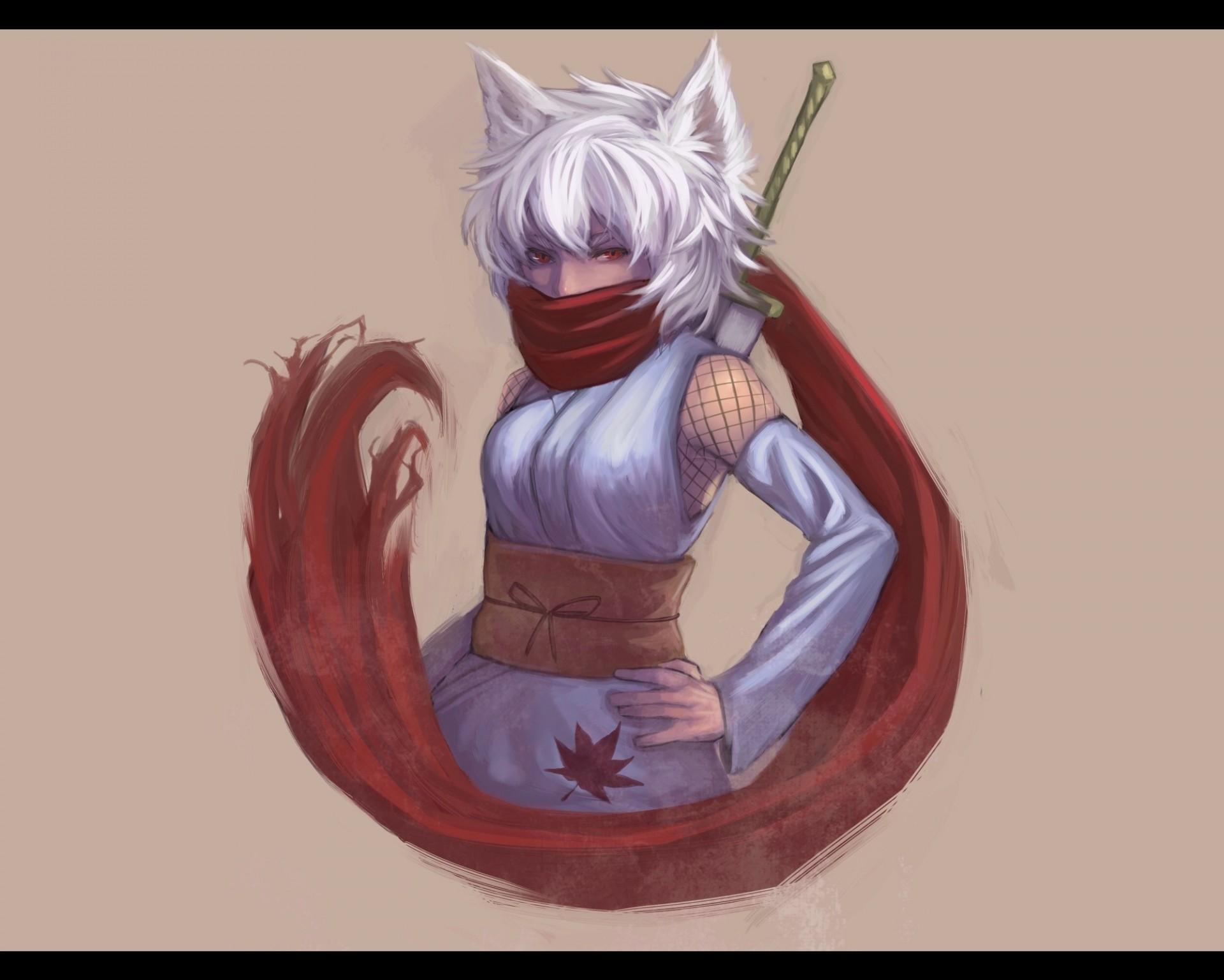 ninja inubashiri momiji white hair brown red eyes weapon japanese clothes sword scarf animal ears