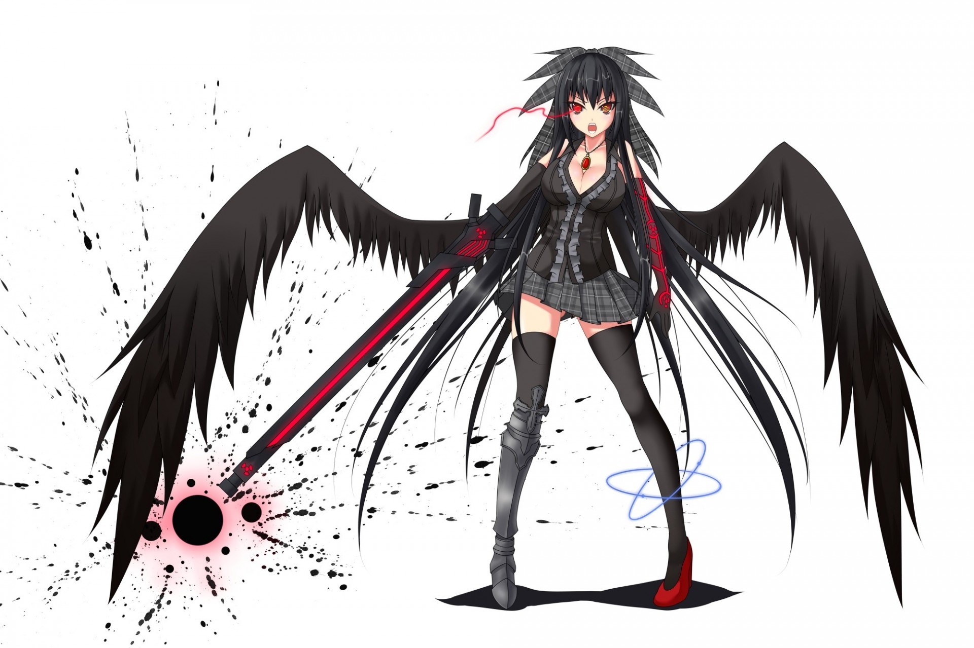 flying fortress skirt reiuji utsuho torment zettai ryouiki black hair red eyes breast long hair orange eyes weapon wings thighhighs