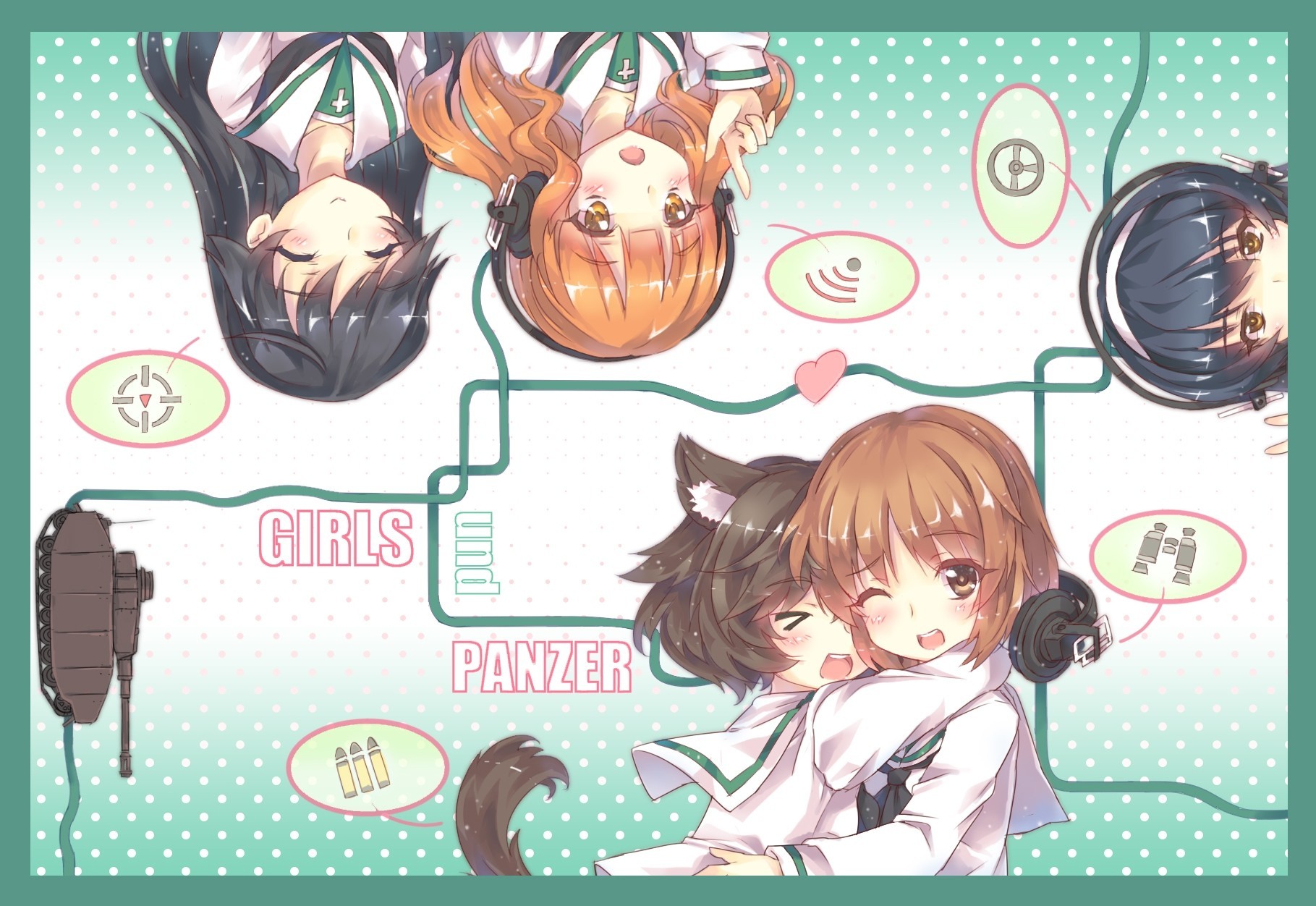 short hair blush black hair brown eyes long hair headphones seifuku animal ears tail brown hair