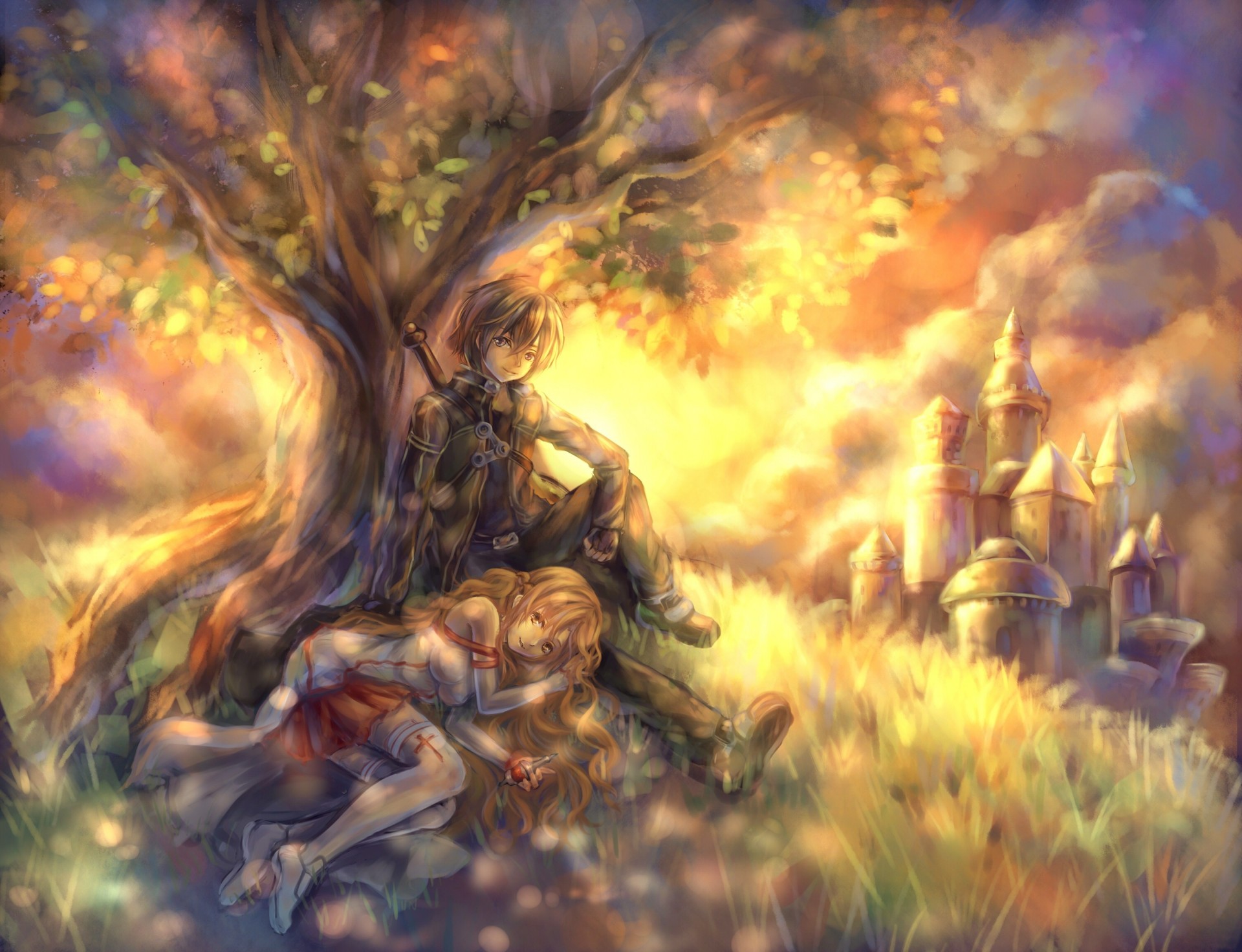 sky long hair clouds weapon kirigaya kazuto yuuki asuna sword thighhighs brown hair