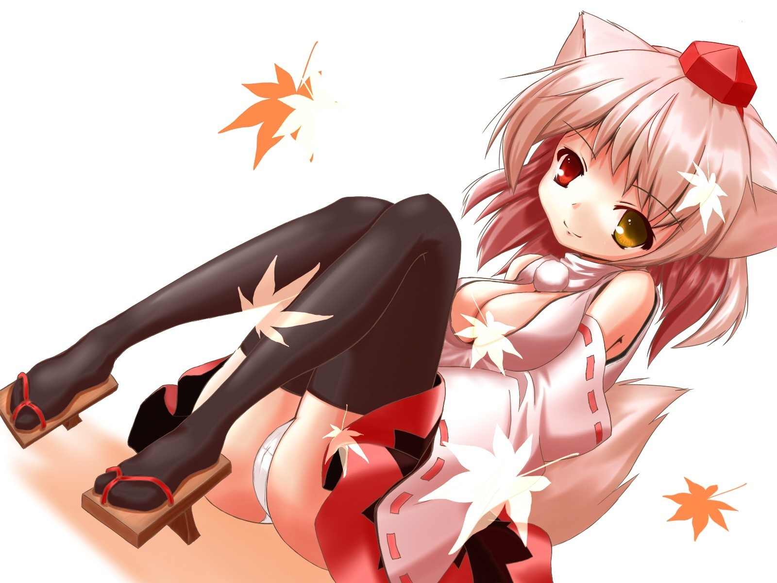 short hair zettai ryouiki hat white hair inubashiri momiji red eyes japanese clothes sheet shorts tail animal ears thighhighs underwear