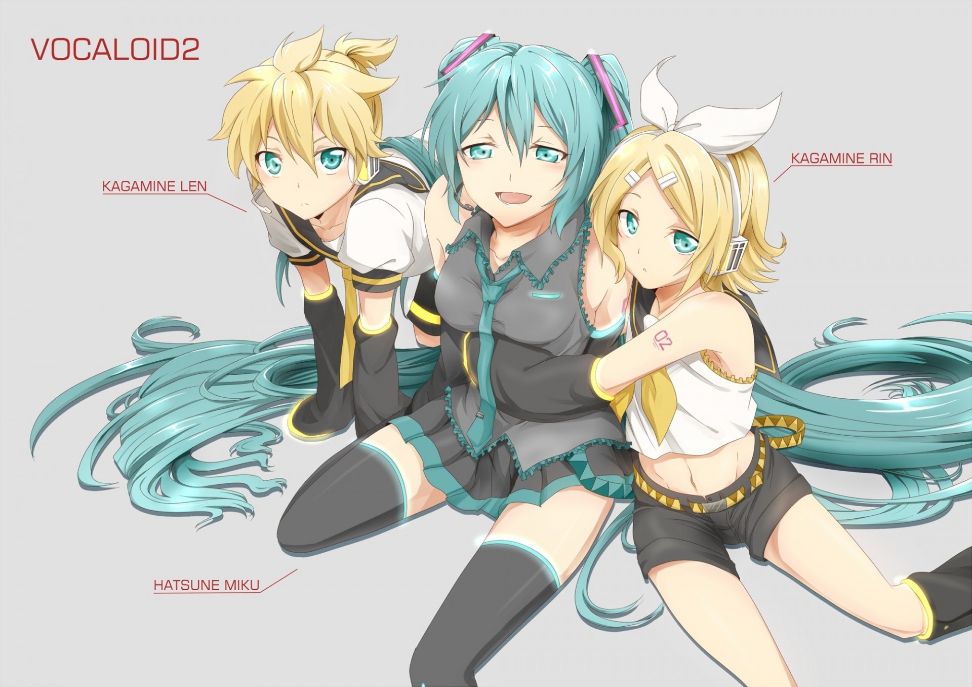 bind blonde hair kagamine rin twintails kagamine len torment short hair skirt long hair shorts hatsune miku headphones navel thighhighs