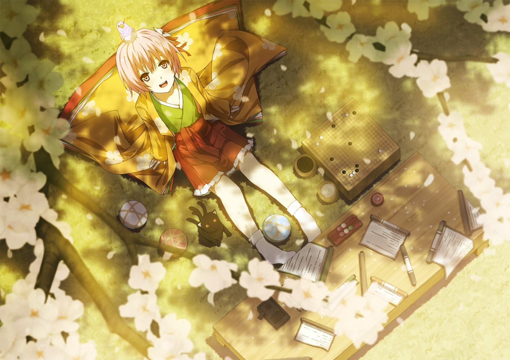 pink hair petals skirt cat animals japanese clothes cherry kimono pink eyes birds