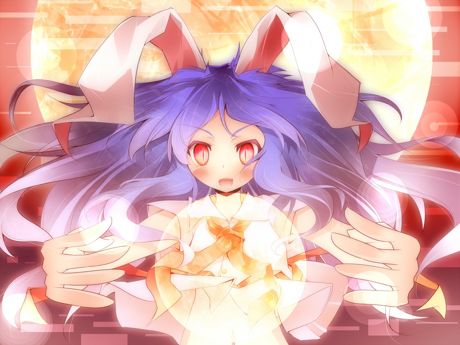 blush red eyes purple hair long hair fang moon bunnygirl animal ears