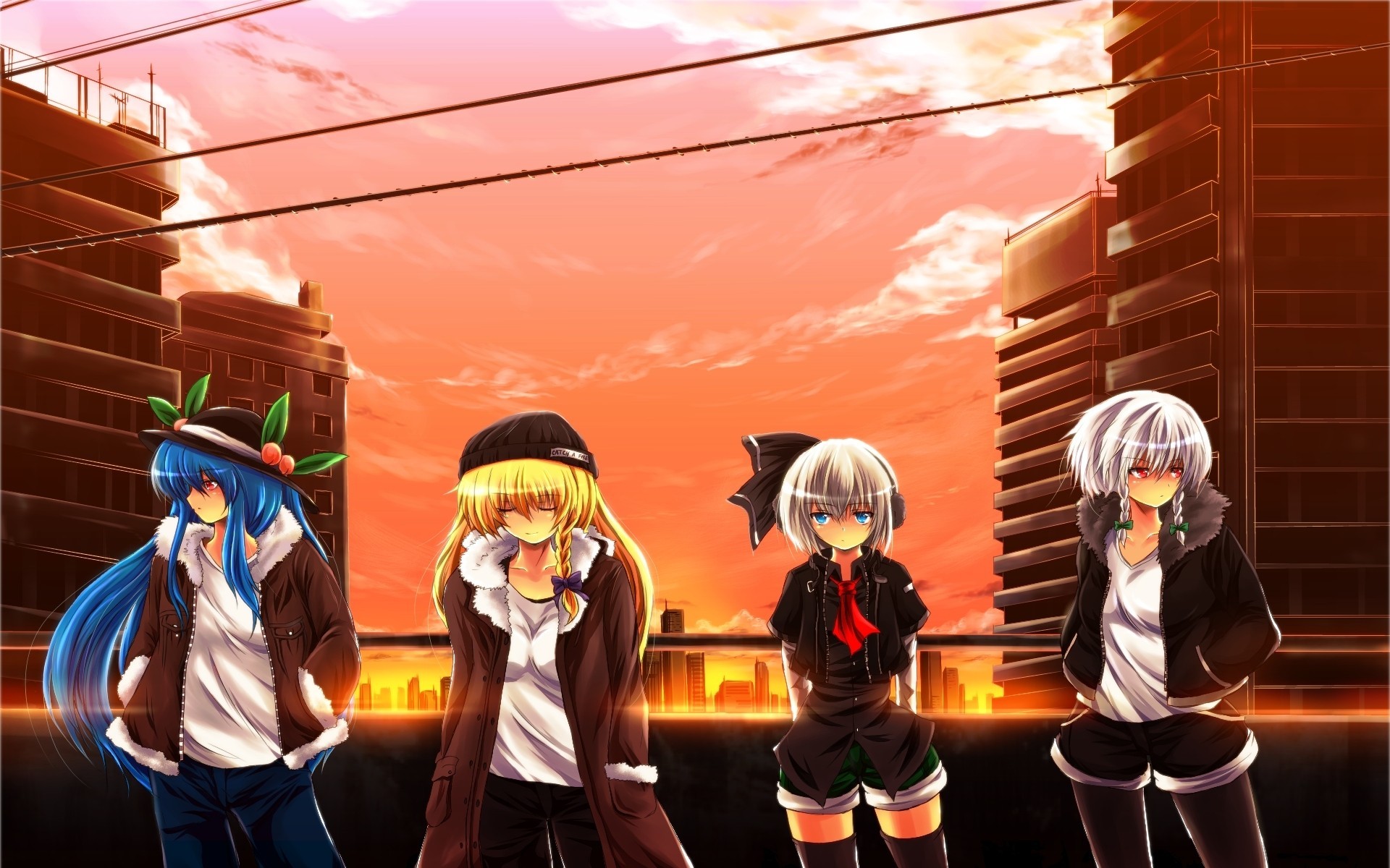sky sunset clouds konpaku youmu shorts thighhighs blue hair blue eyes building blonde hair red eyes tights long hair white hair short hair the group hinanawi tenshi torment spit zettai ryouiki izayoi