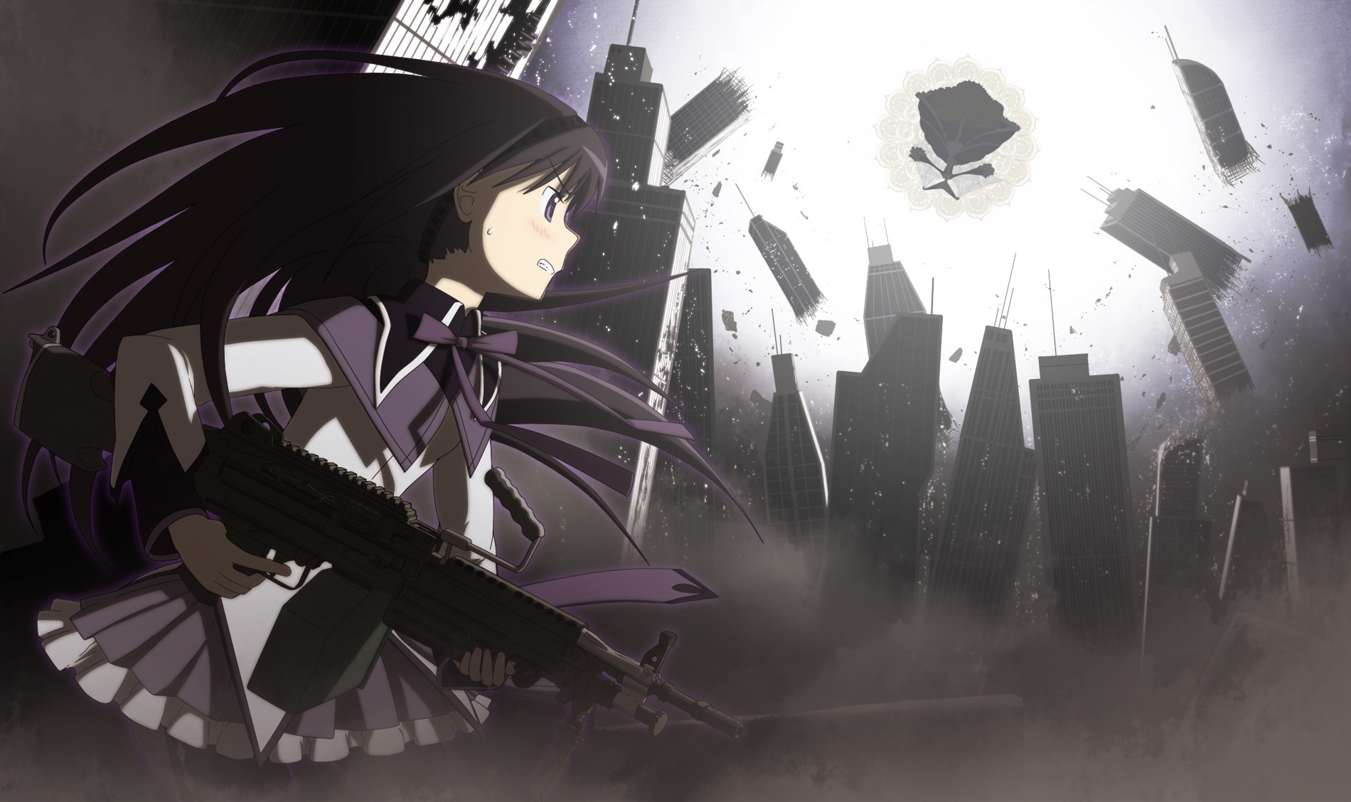 sky flying fortress seifuku long hair torment black hair weapon building purple eyes akemi homura tights