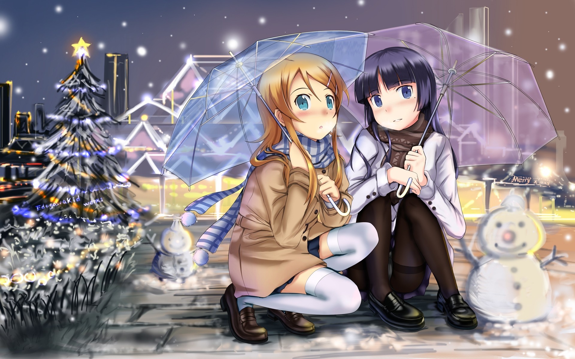 snow kousaka kirino skirt black hair night scarf tights long hair stockings black eyes umbrella brown hair