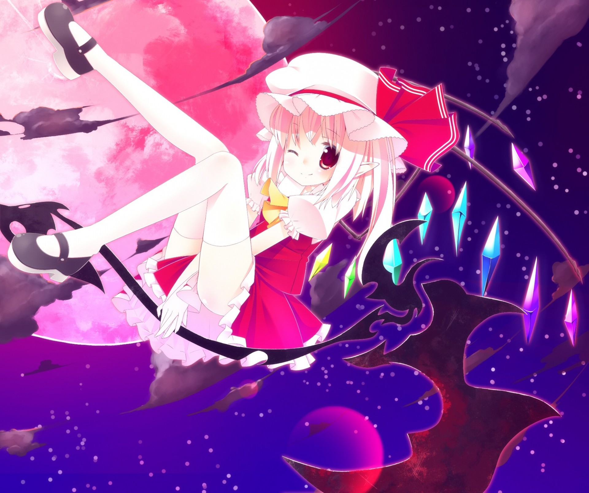 sky short hair wink blonde hair hat vampire clouds zettai ryouiki torment night red eyes blush flanders scarlet moon wings thighhighs