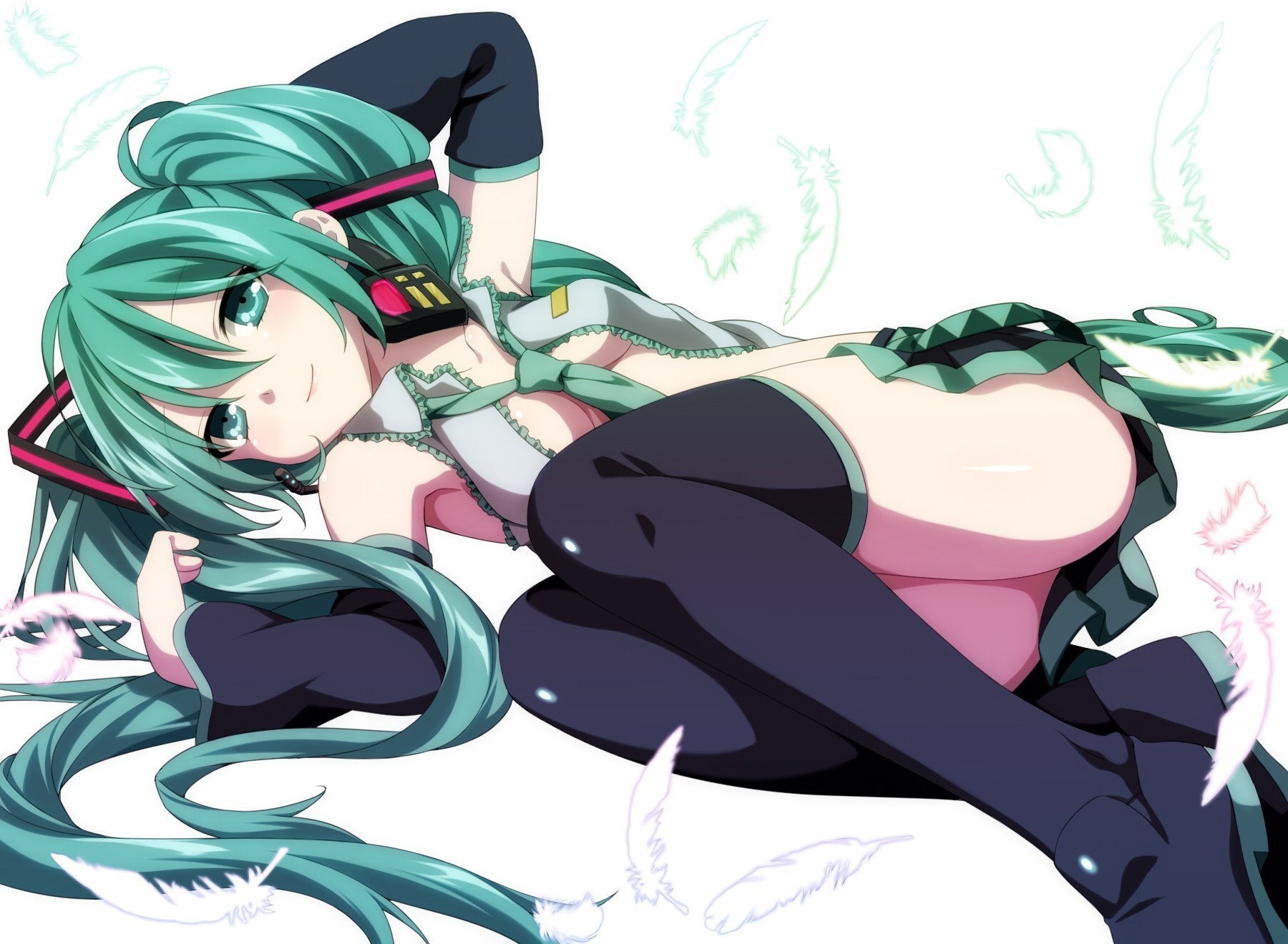 feathers twintails white green hair green eyes long hair bind hatsune miku thighhighs