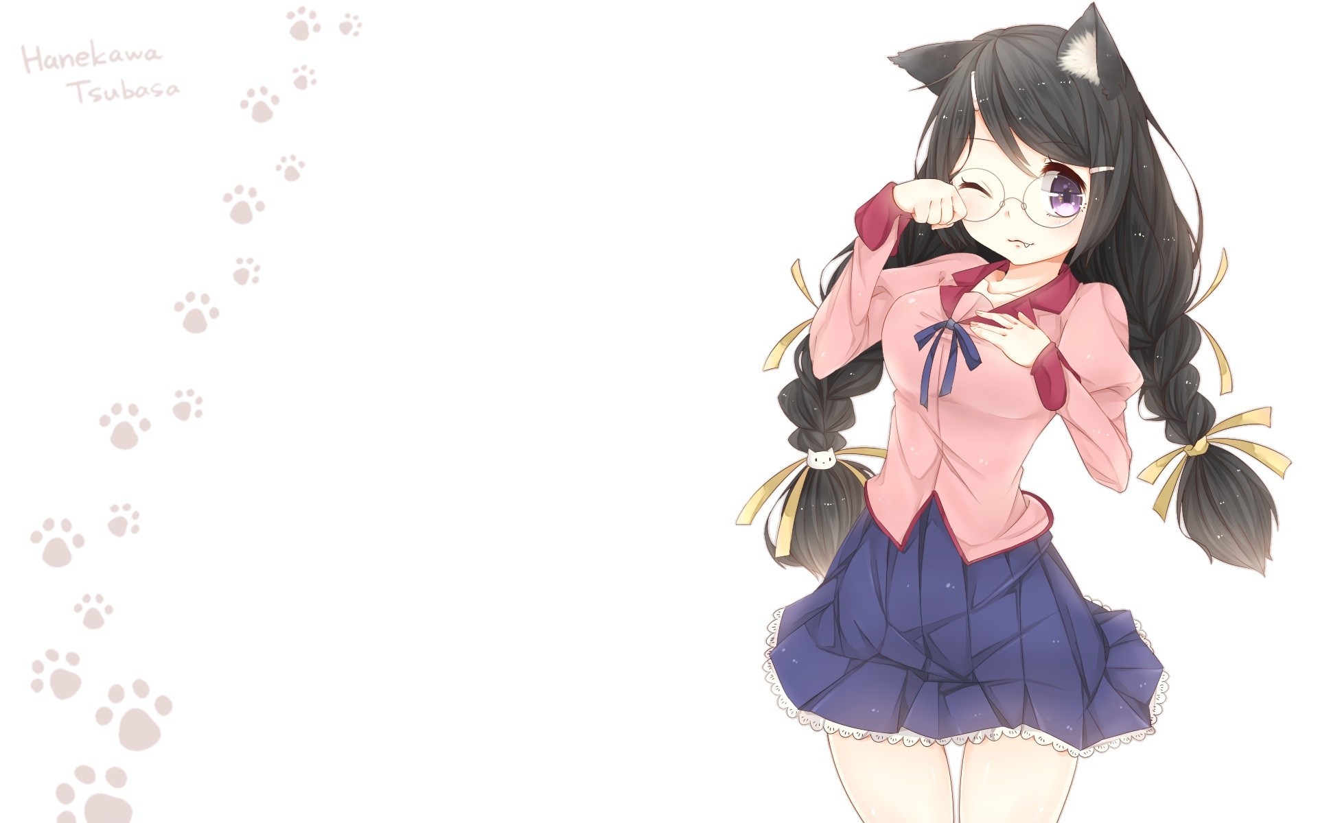spit wink seifuku purple eyes skirt black hair twintails hanekawa tsubasa fang catgirl sunglasses animal ears