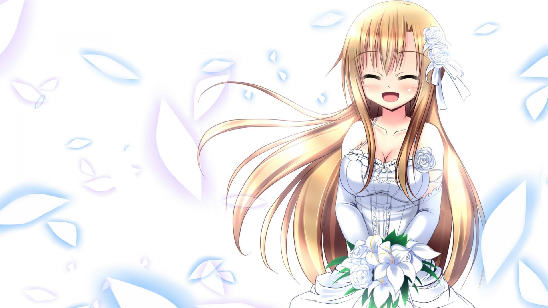 petals blonde hair blush gloves long hair yuuki asuna flower dress wedding dress