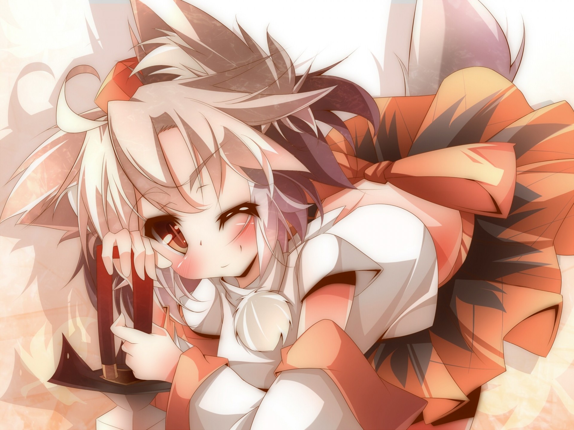 short hair wink hat white hair inubashiri momiji orange eyes fang blush animal ears tail