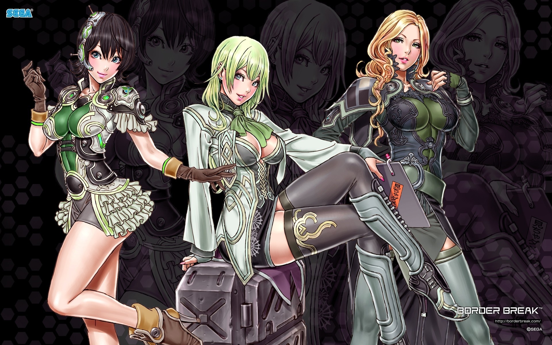 blue eyes short hair blonde hair skirt black hair green hair gloves green eyes long hair 3girls thighhighs