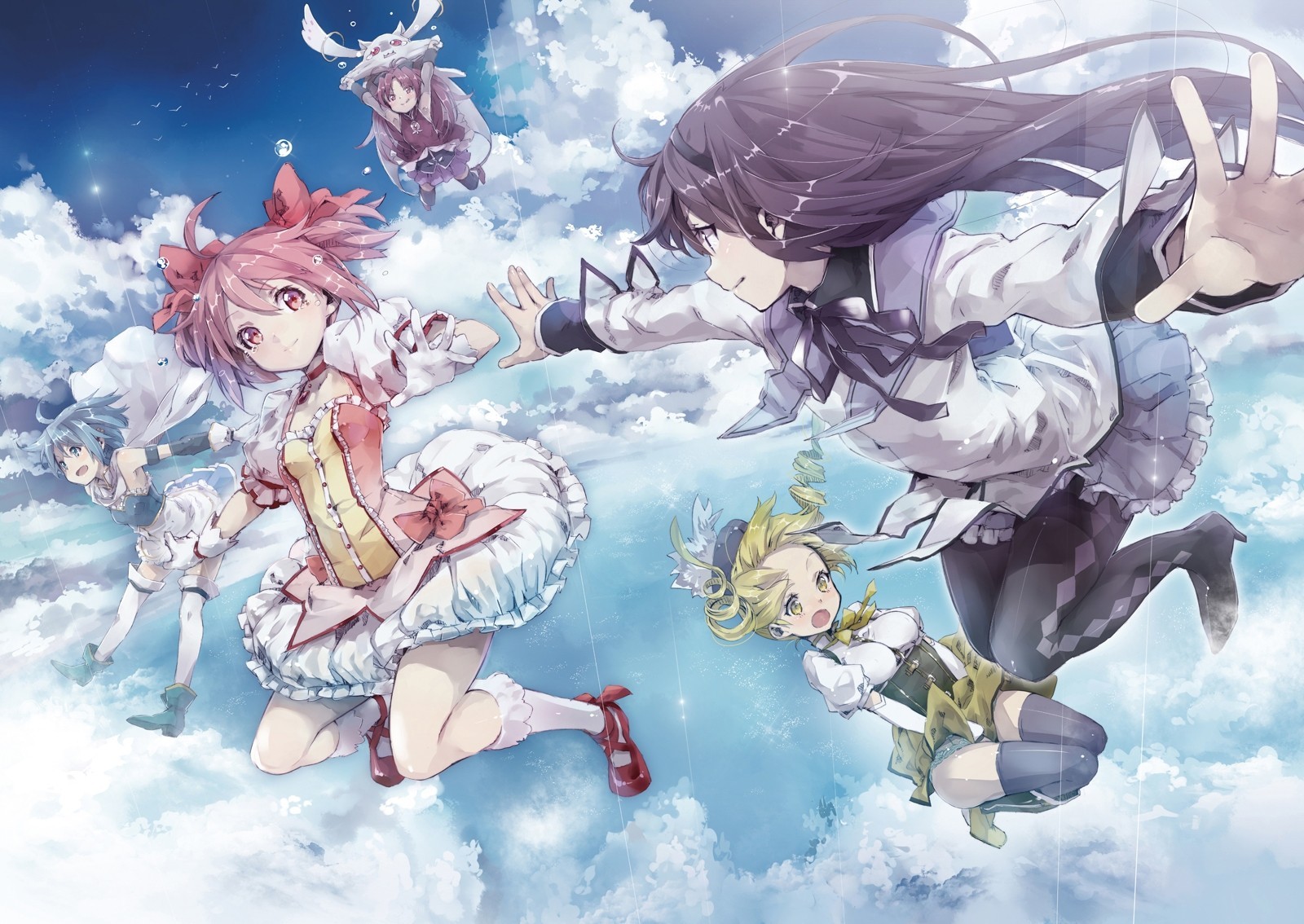red hair sky pink hair clouds dress kyuubee akemi homura thighhighs