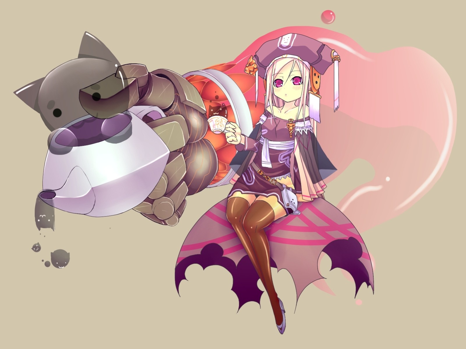 pink hair drinking long hair hat brown zettai ryouiki cat animals purple eyes thighhighs