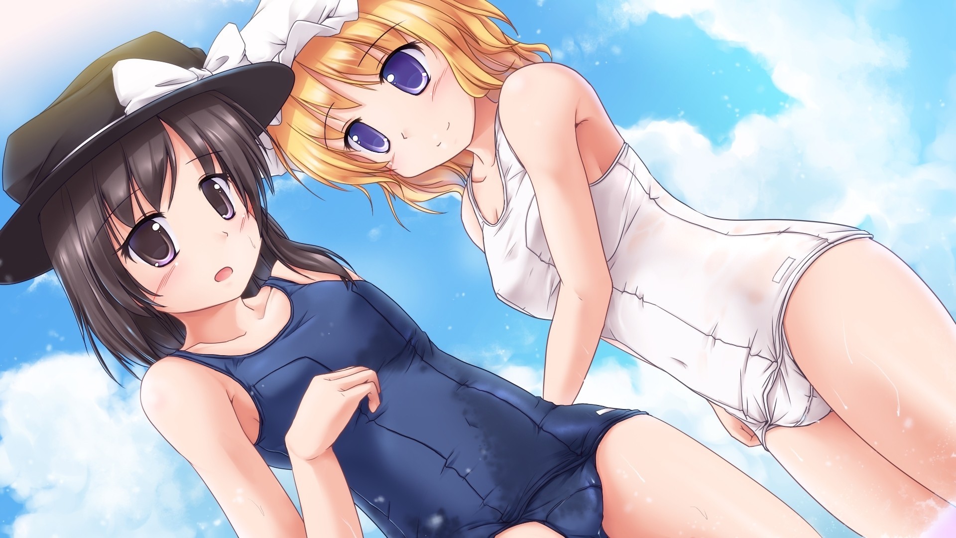 short hair blonde hair hat blush torment purple eyes 2girls swimsuit black eyes brown hair
