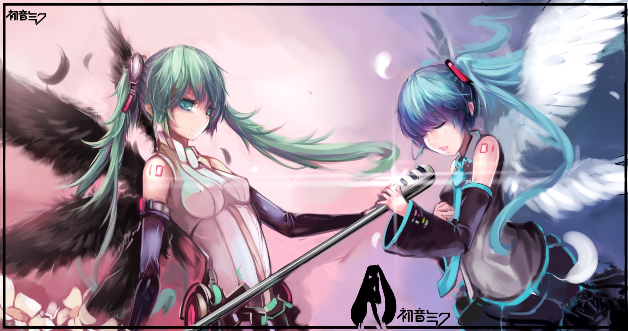 feathers long hair hatsune miku twintails 2girls microphone bind wings