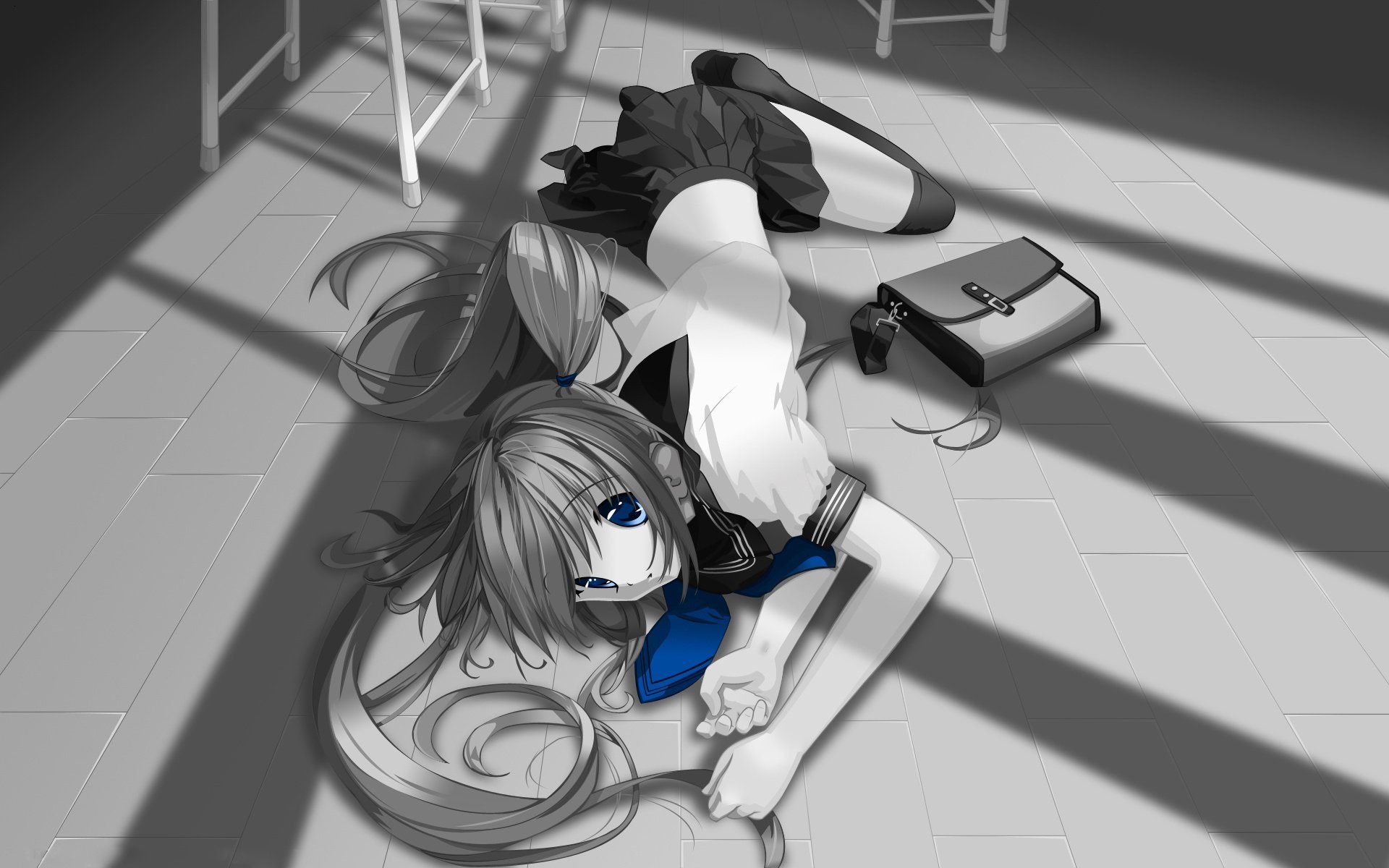 Anime girl with blue Eyes lying on the floor