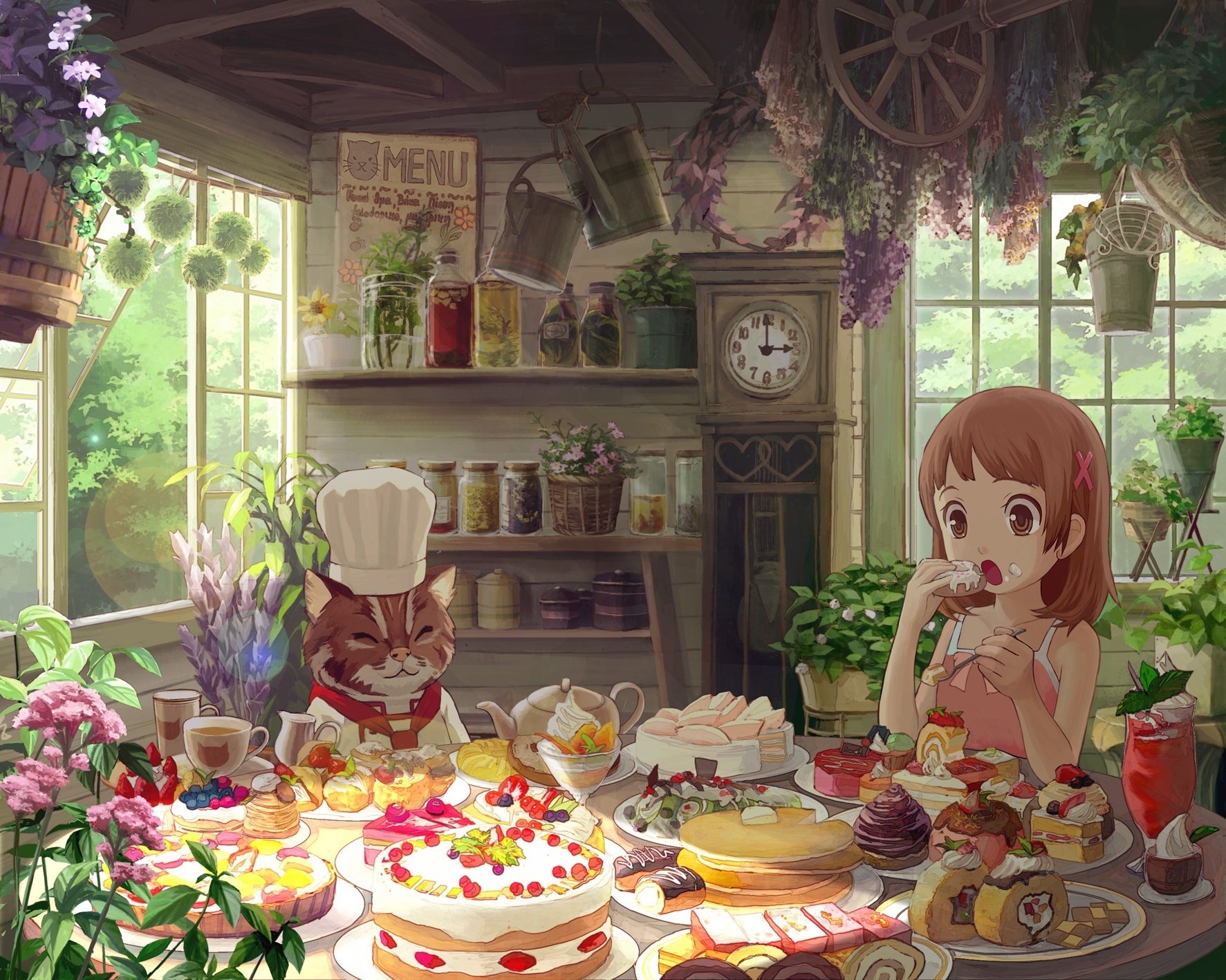 Sweet tea party with a red cat and a girl