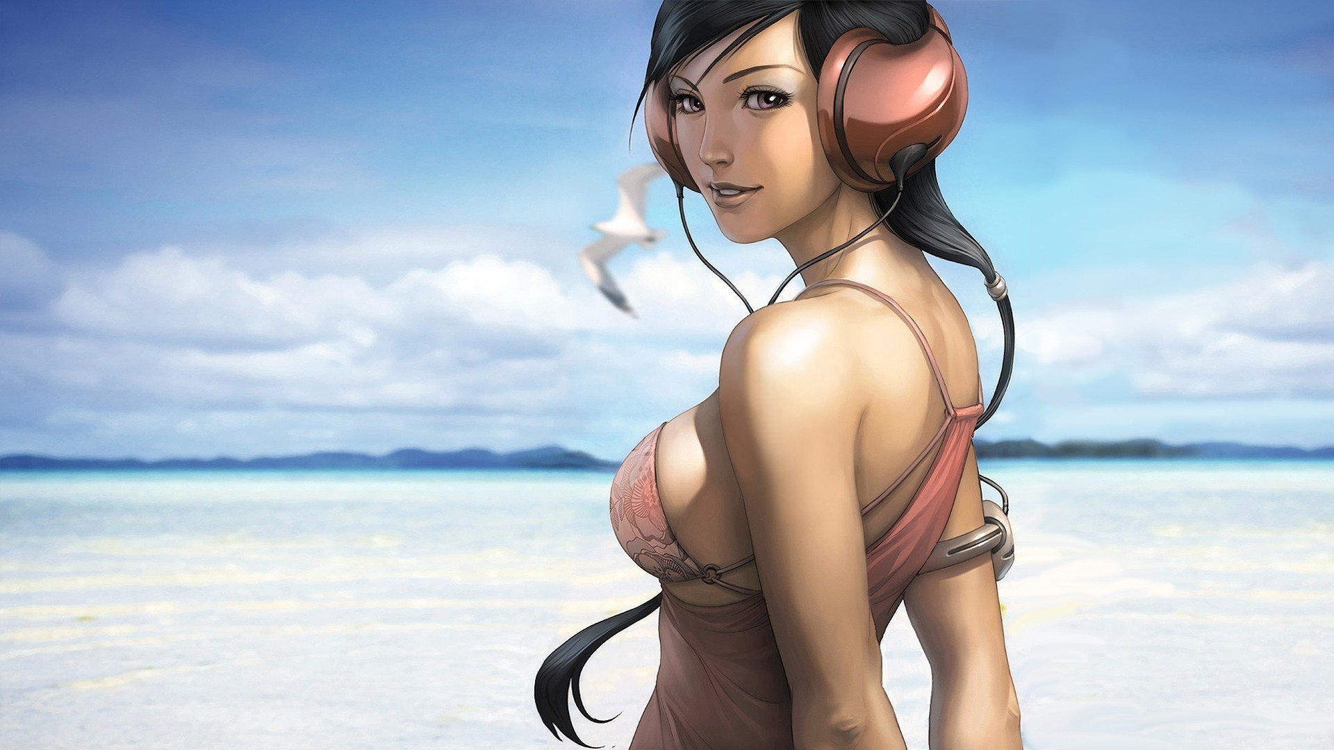Anime girl with headphones on the beach