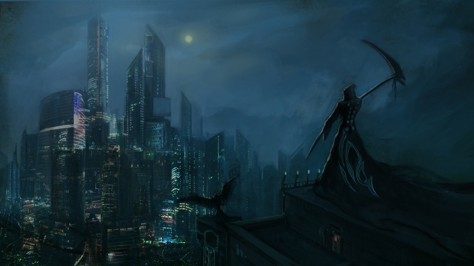 Death with a scythe on the background of a night city