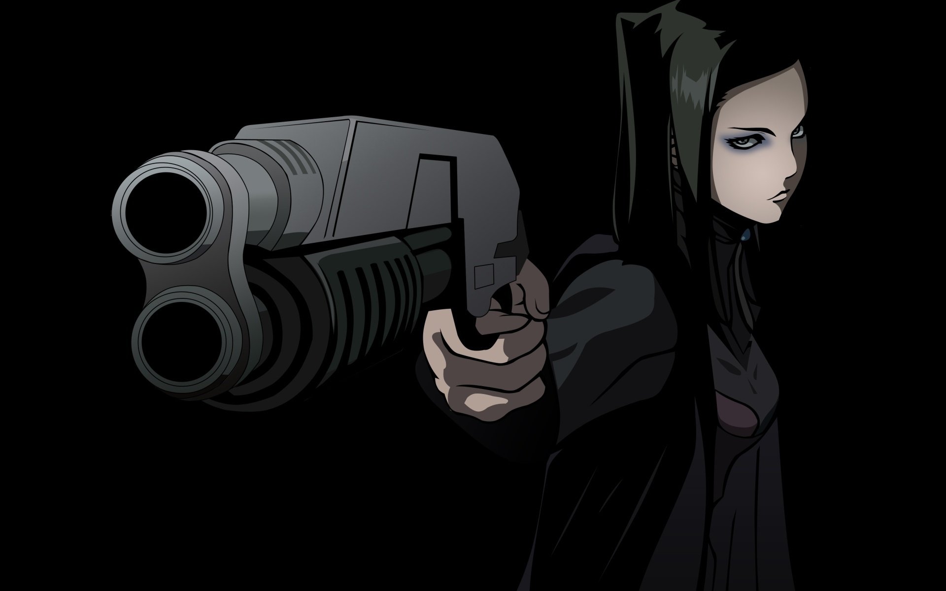 A girl in black at night and with a gun