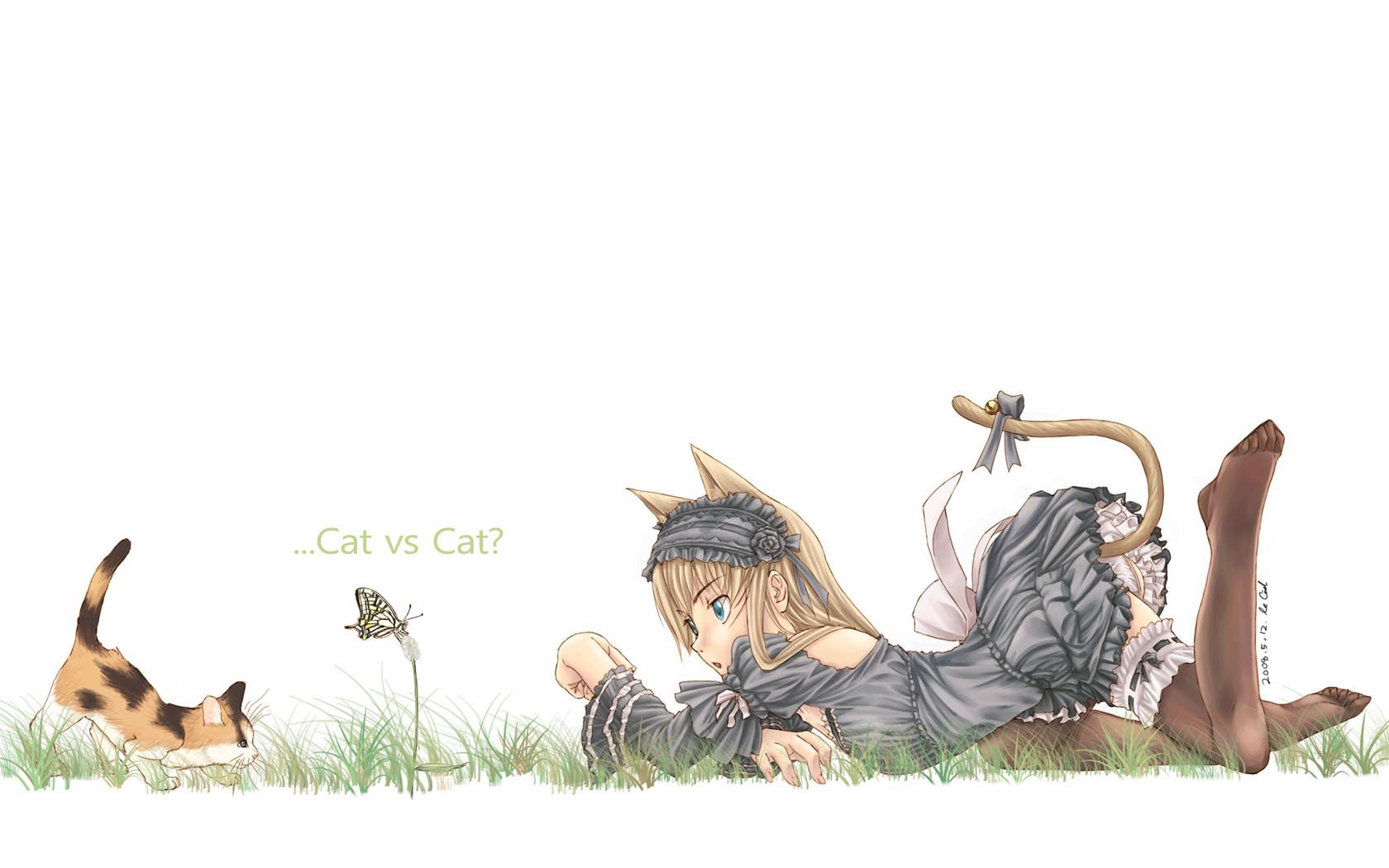 A cat girl in front of a kitten on the grass