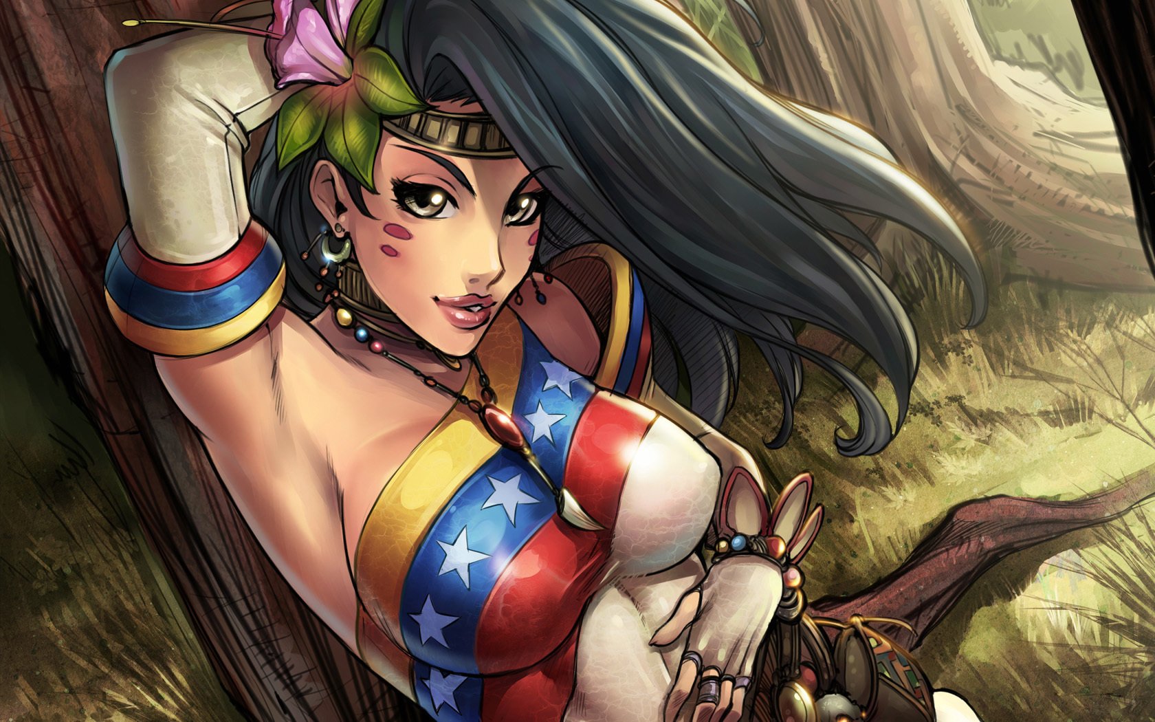 A flag is drawn on the chest of a cartoon girl, while one breast is bare