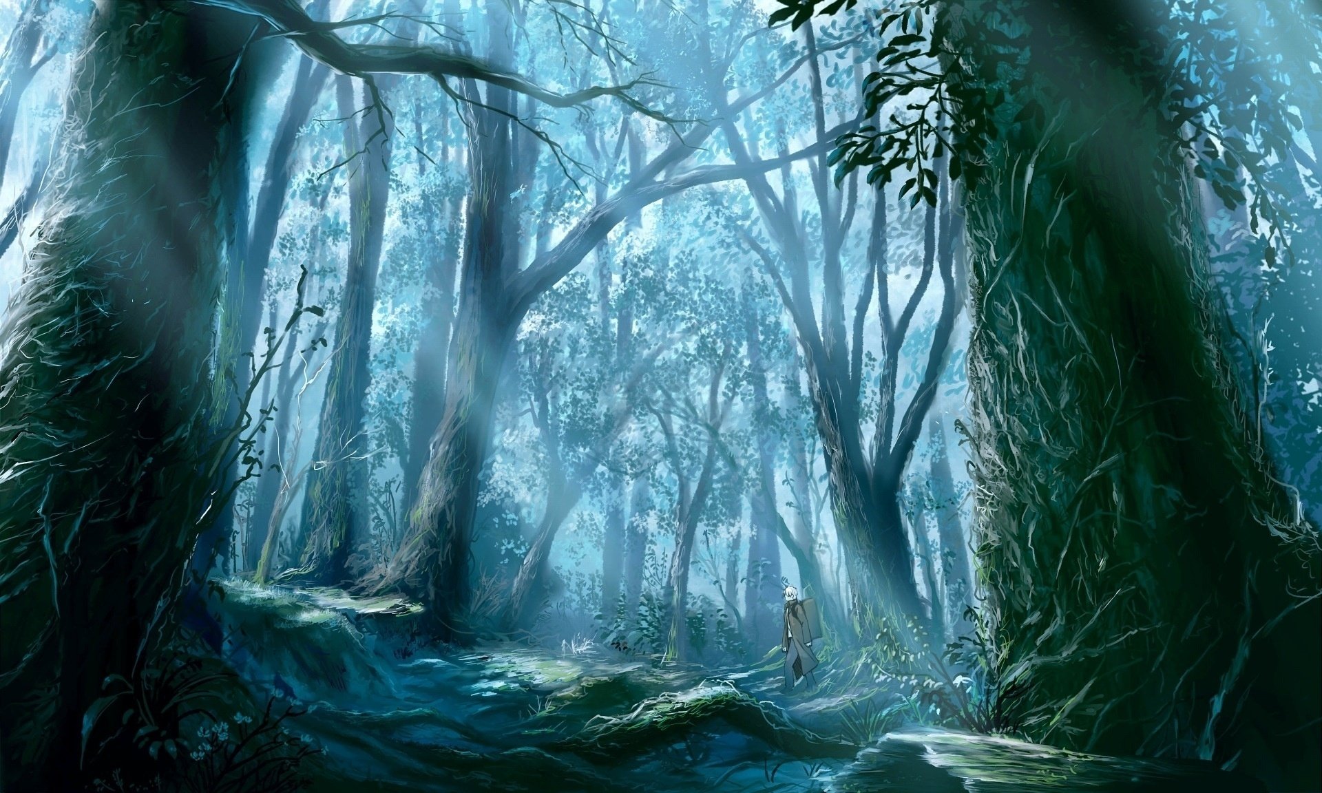 A lonely wanderer walking near a large forest